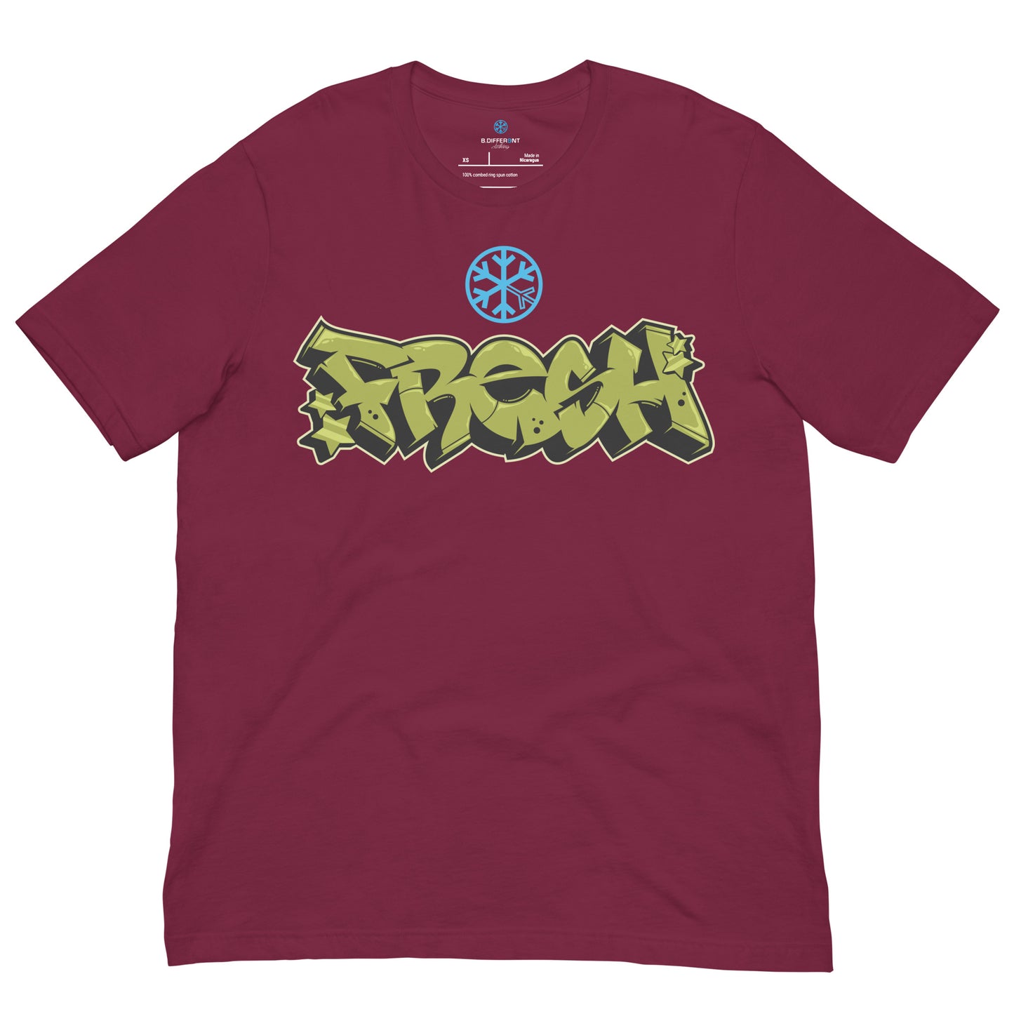 Maroon-Fresh Graffiti Piece Tee from B.Different Clothing, front view, graffiti-inspired streetwear t-shirt