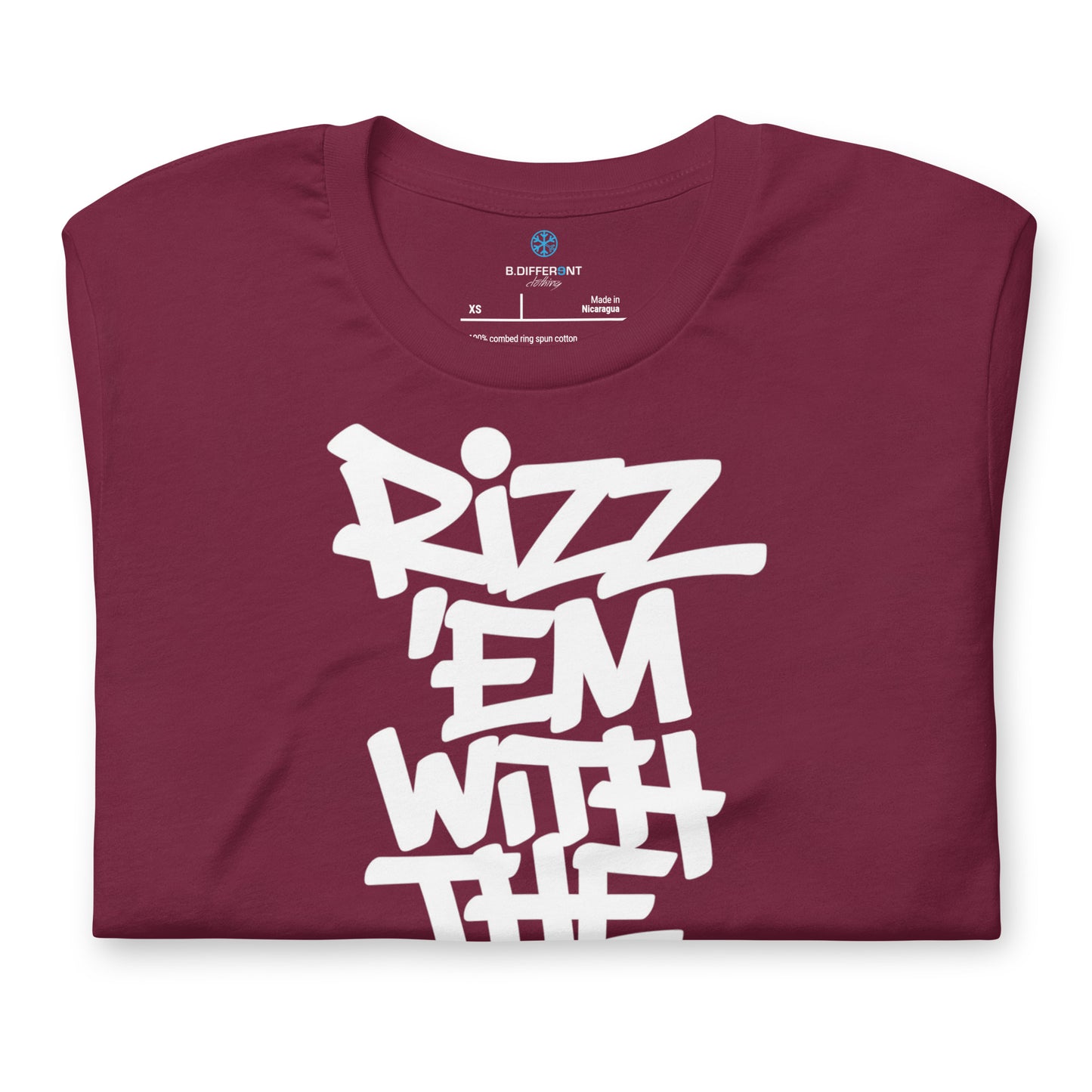 Maroon-Rizz 'Em With The 'Tism Graffiti Tee from B.Different Clothing, folded, graffiti-inspired streetwear t-shirt