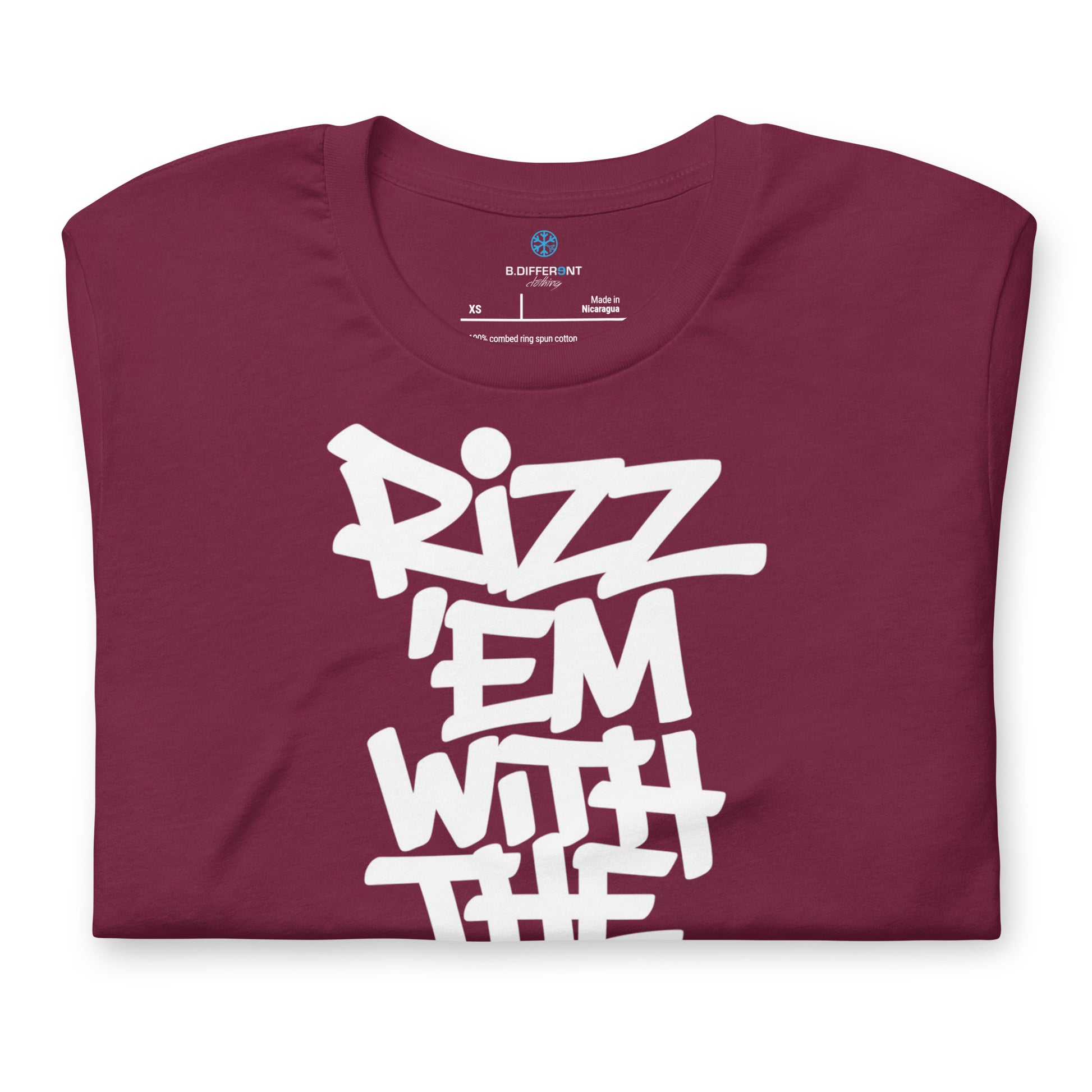 Maroon-Rizz 'Em With The 'Tism Graffiti Tee from B.Different Clothing, folded, graffiti-inspired streetwear t-shirt