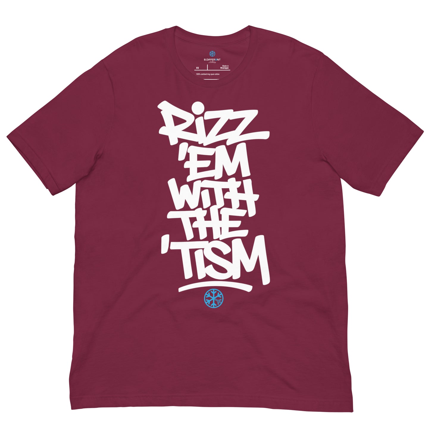 Maroon-Rizz 'Em With The 'Tism Graffiti Tee from B.Different Clothing, front view, graffiti-inspired streetwear t-shirt