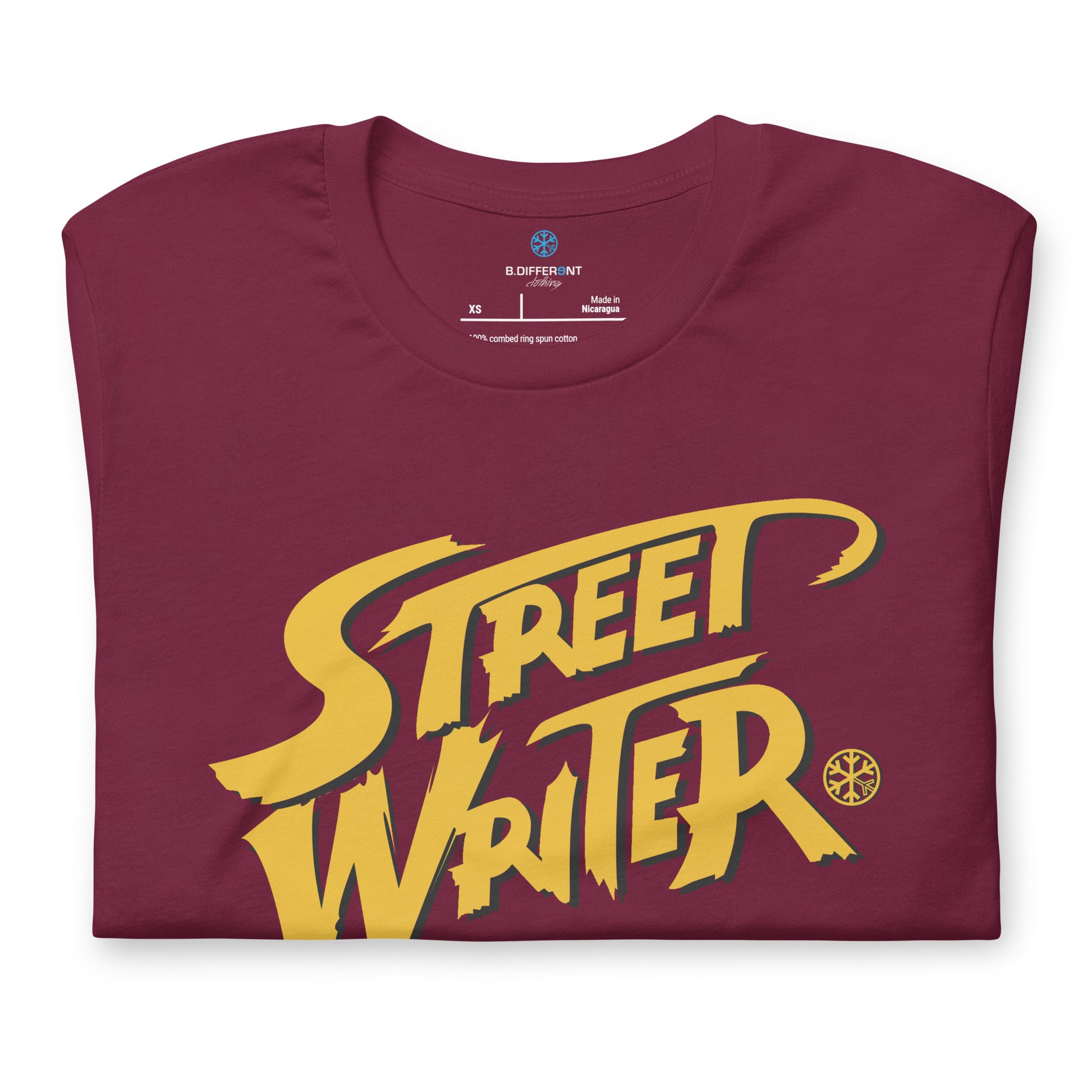 Maroon-Street Writer Graffiti Tee from B.Different Clothing, folded, graffiti-inspired streetwear t-shirt