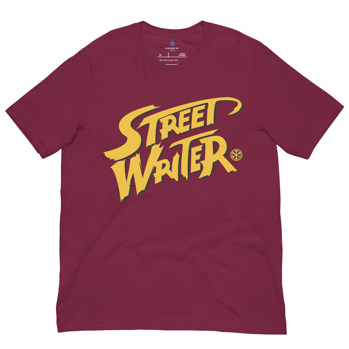 Maroon-Street Writer Graffiti Tee from B.Different Clothing, front view, graffiti-inspired streetwear t-shirt