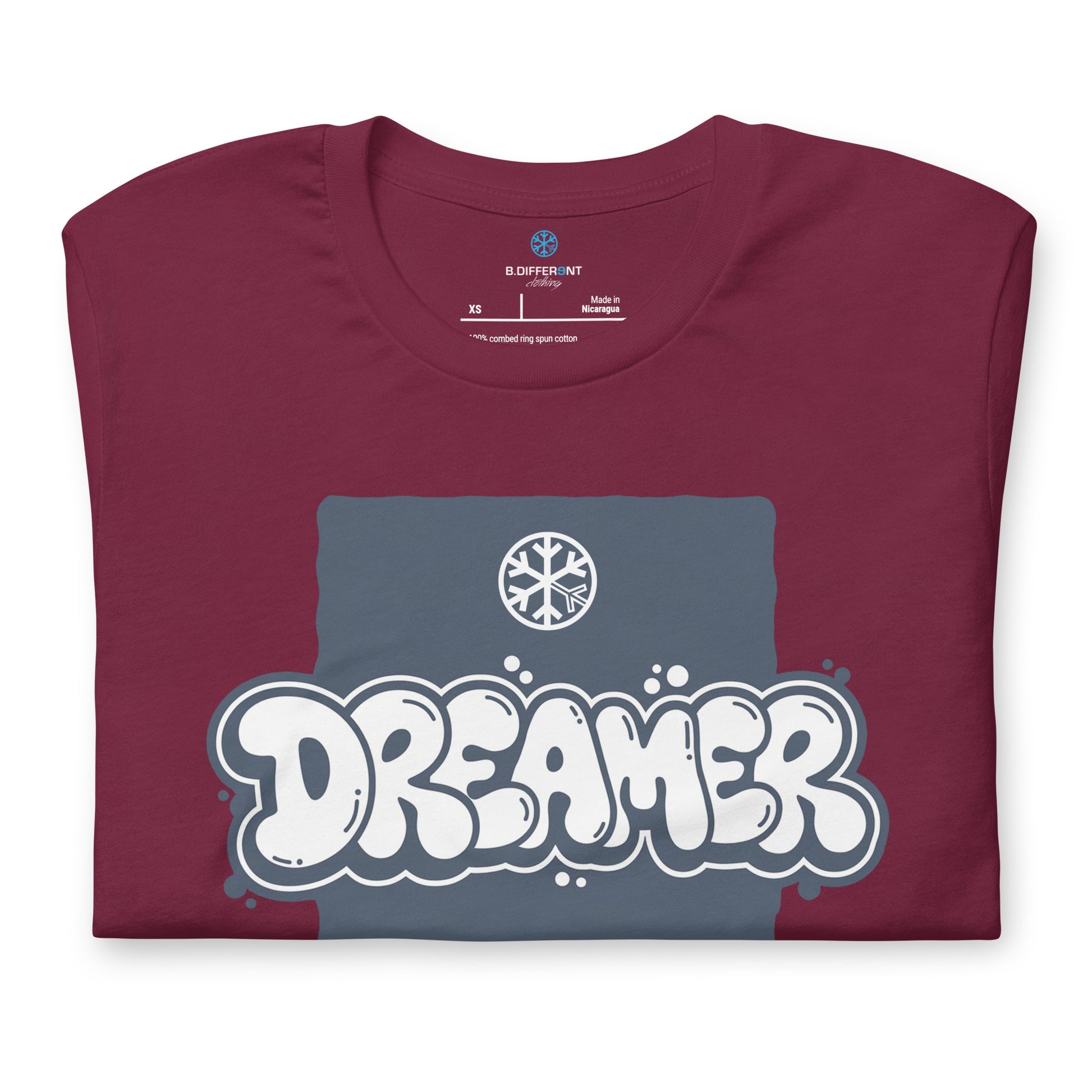 Maroon-Dreamer Graffiti Throw-up Tee from B.Different Clothing, folded, graffiti-inspired streetwear t-shirt