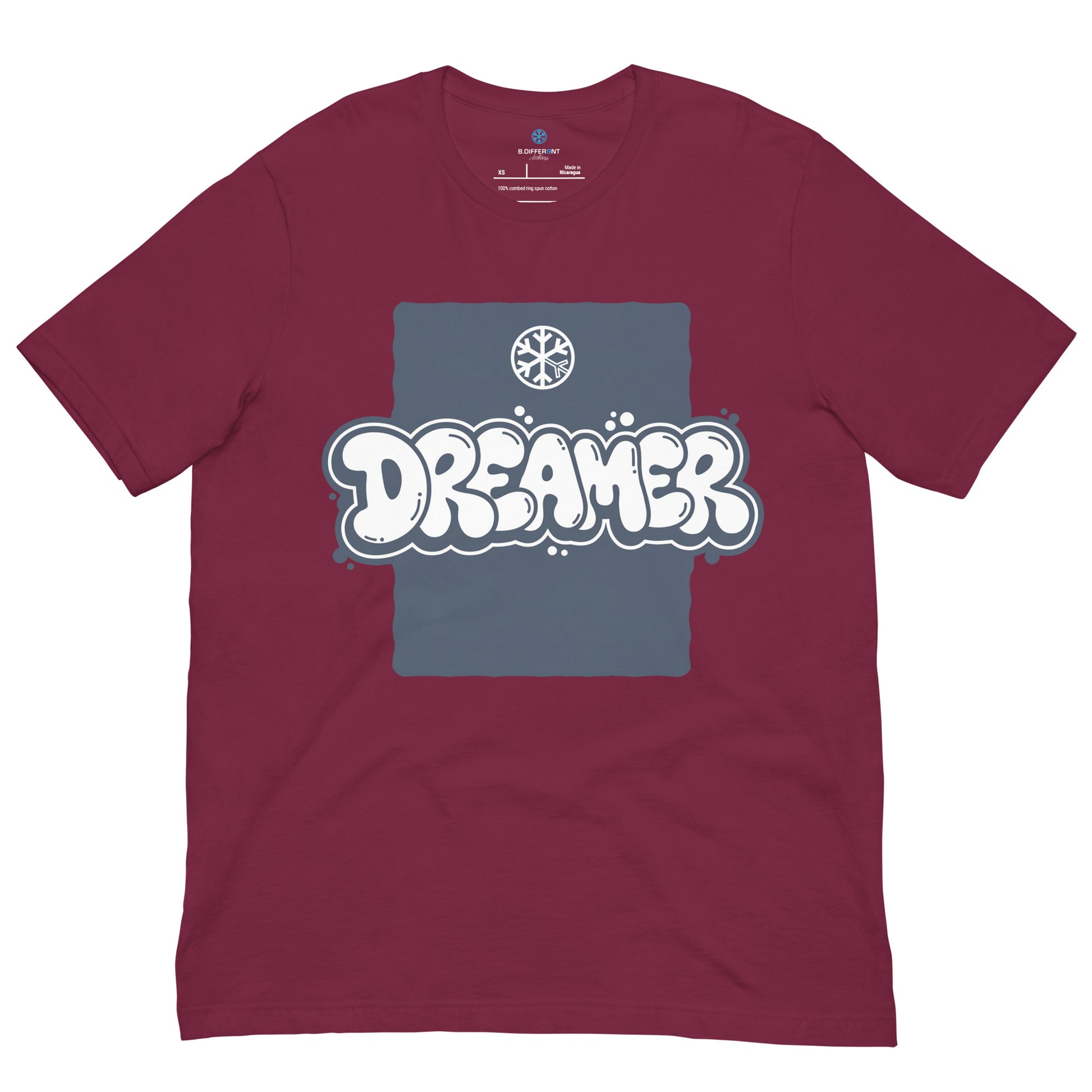 Maroon-Dreamer Graffiti Throw-up Tee from B.Different Clothing, front view, graffiti-inspired streetwear t-shirt