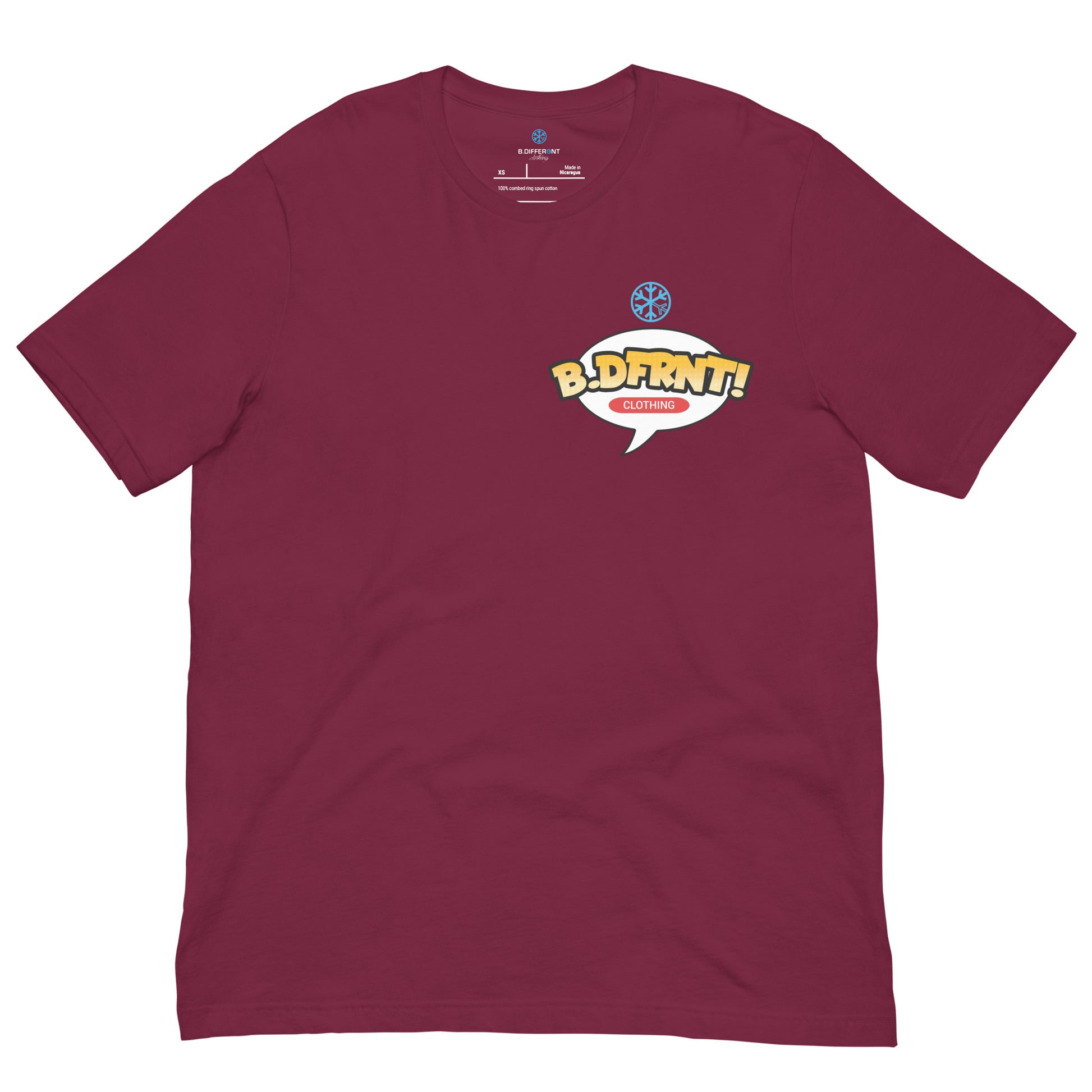 Maroon-Graffiti Artist Vinyl Figure Tee from B.Different Clothing, front view, graffiti-inspired streetwear t-shirt