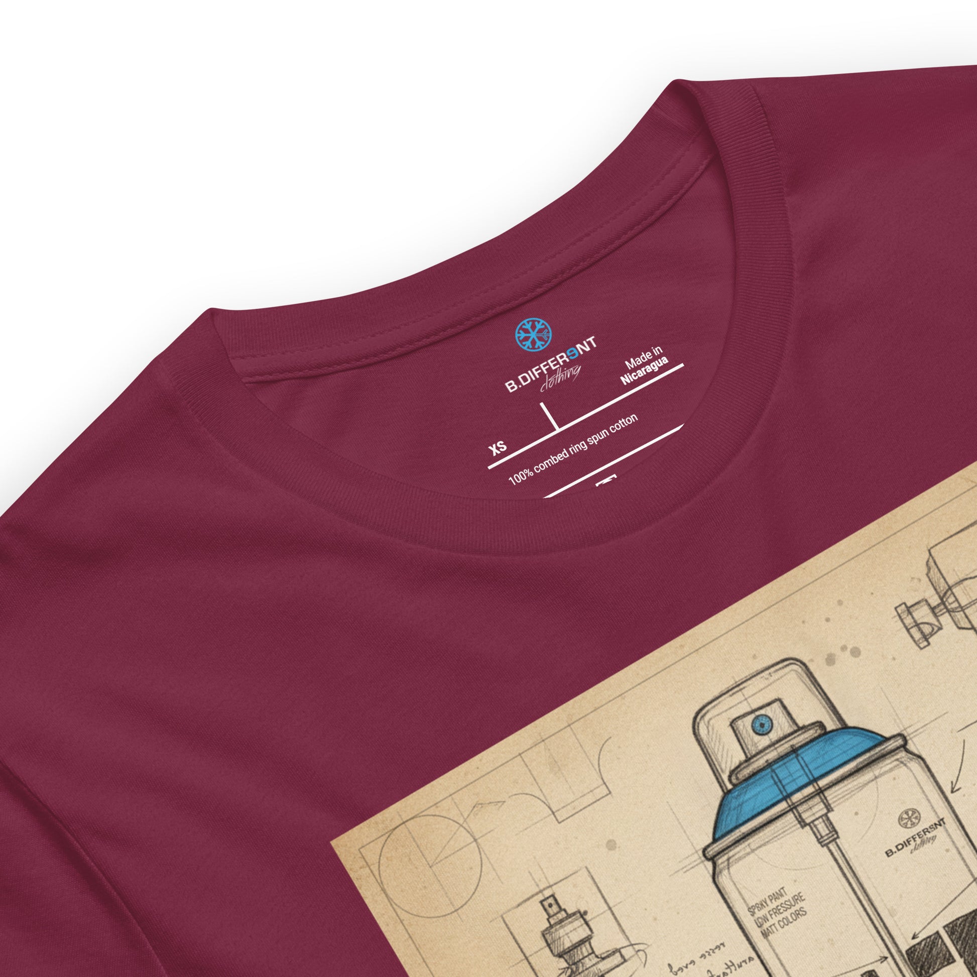 Maroon-Spray Can Sketch Graffiti Tee from B.Different Clothing, collar, graffiti-inspired streetwear t-shirt