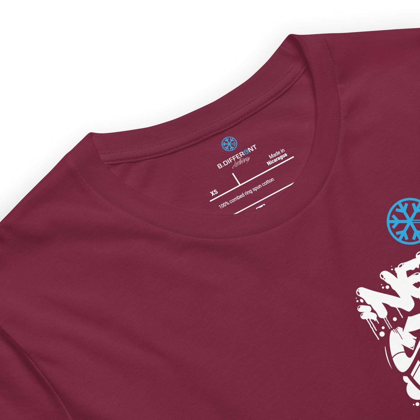 Maroon-Never Stop Graffiti Character Tee from B.Different Clothing, collar, graffiti-inspired streetwear t-shirt