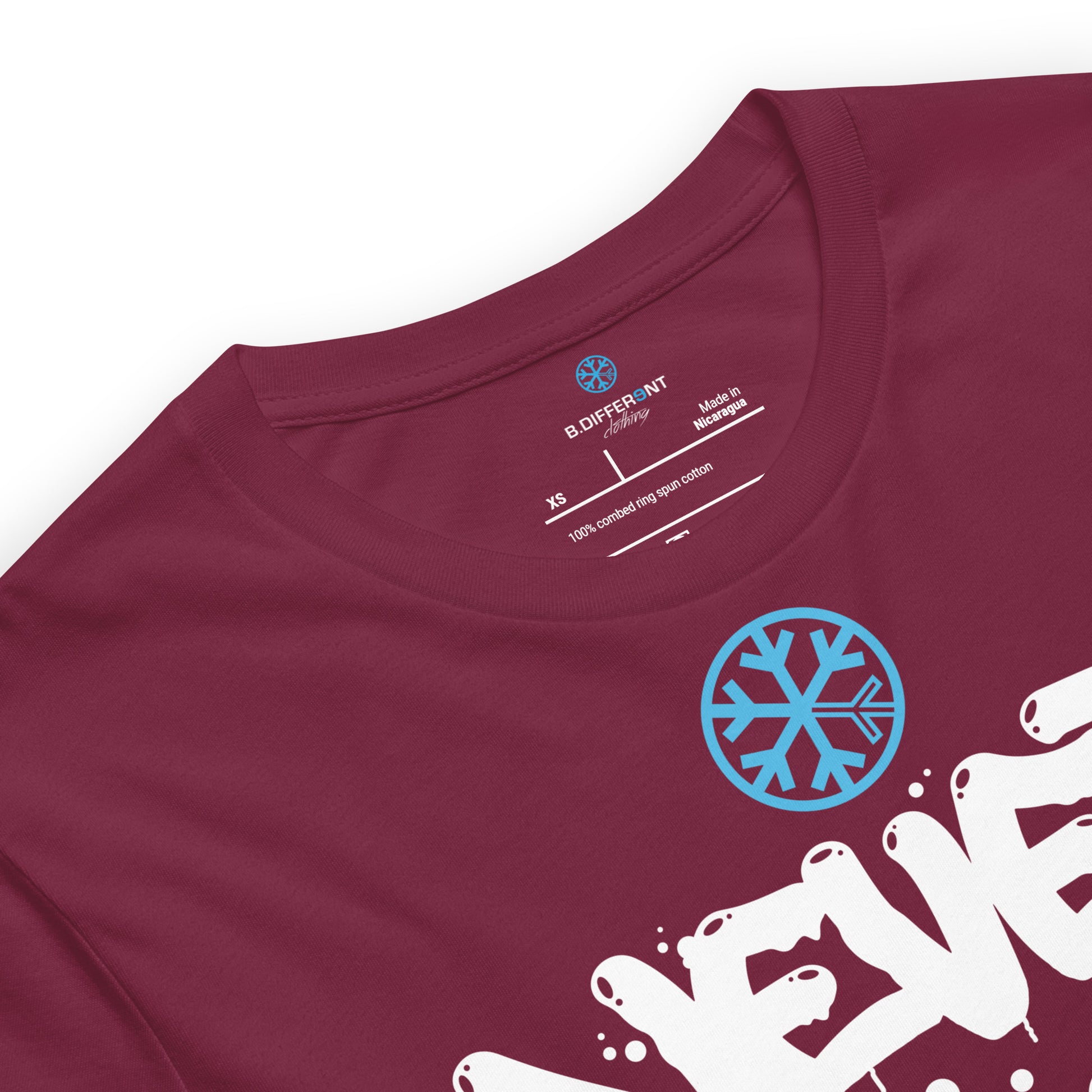 Maroon-Never Stop Graffiti Piece Tee from B.Different Clothing, collar, graffiti-inspired streetwear t-shirt