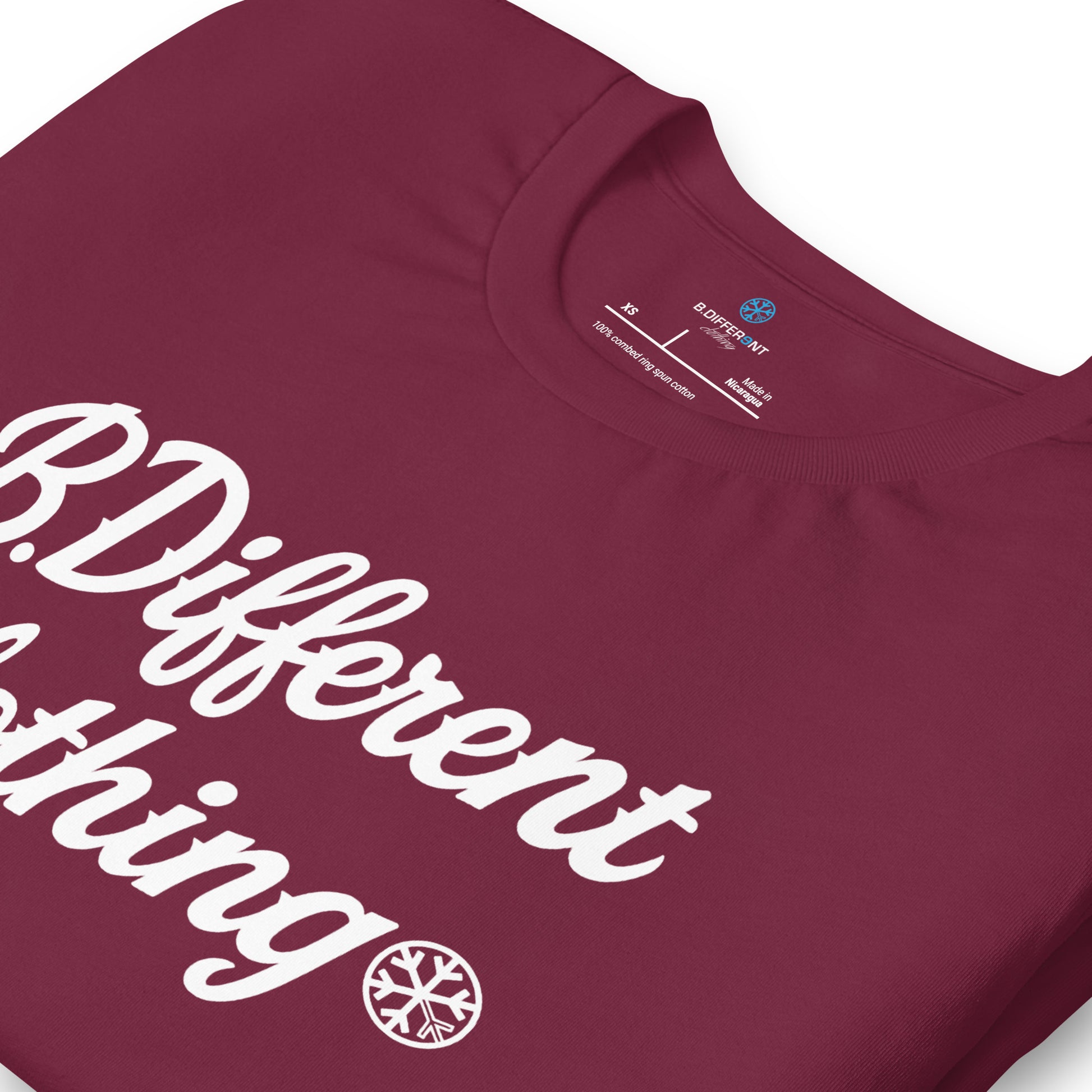 Maroon-The League Tee from B.Different Clothing, detail, graffiti-inspired streetwear t-shirt