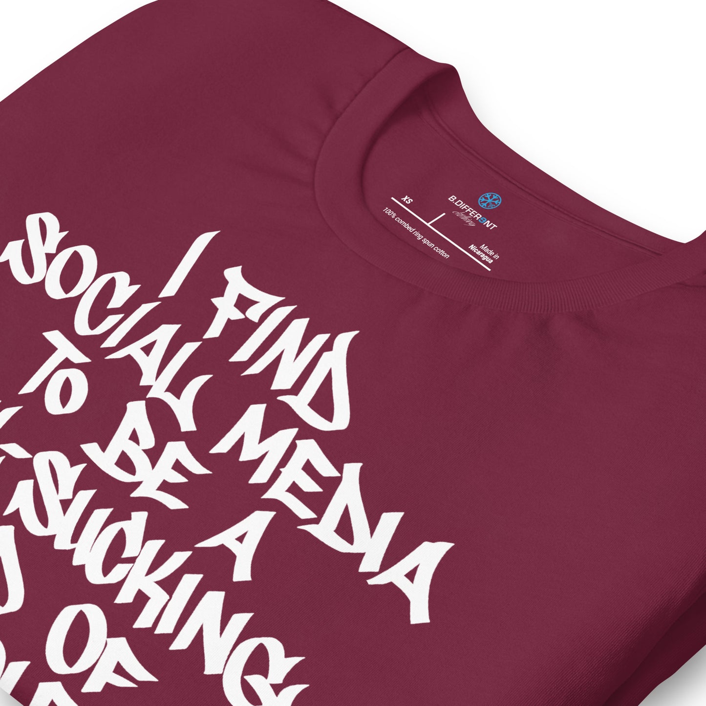 Maroon-Social Media Graffiti Tag Tee from B.Different Clothing, detail, graffiti-inspired streetwear t-shirt