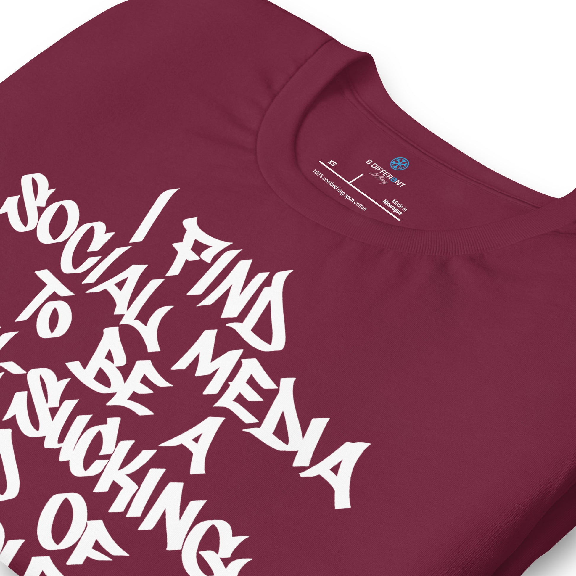 Maroon-Social Media Graffiti Tag Tee from B.Different Clothing, detail, graffiti-inspired streetwear t-shirt