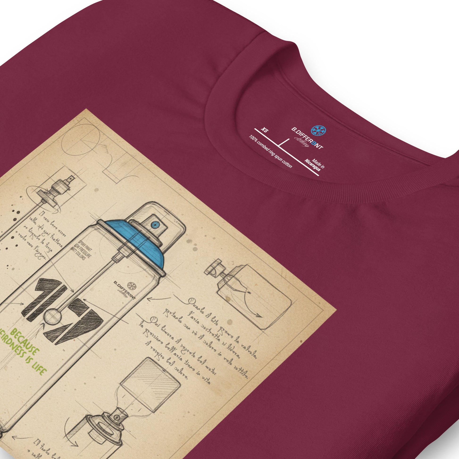 Maroon-Spray Can Sketch Graffiti Tee from B.Different Clothing, detail, graffiti-inspired streetwear t-shirt