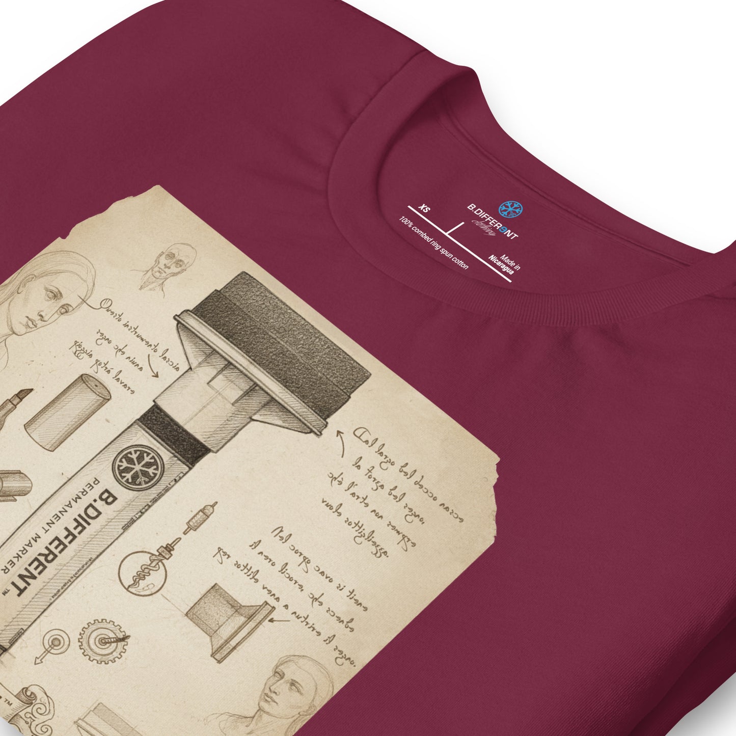 Maroon-Marker Sketch Graffiti Tee from B.Different Clothing, detail, graffiti-inspired streetwear t-shirt