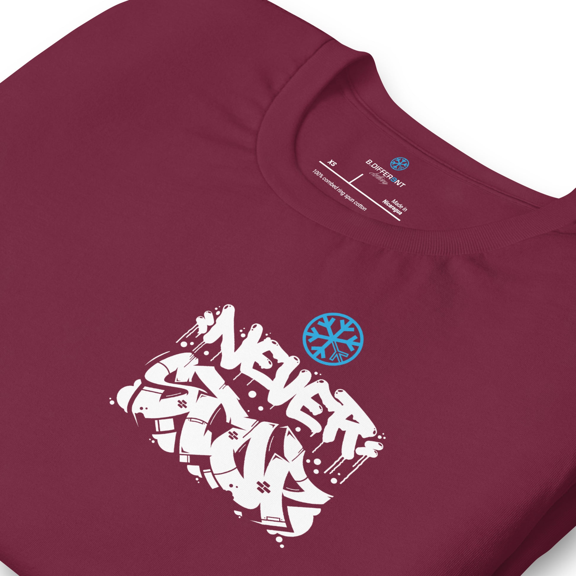 Maroon-Never Stop Graffiti Character Tee from B.Different Clothing, detail, graffiti-inspired streetwear t-shirt