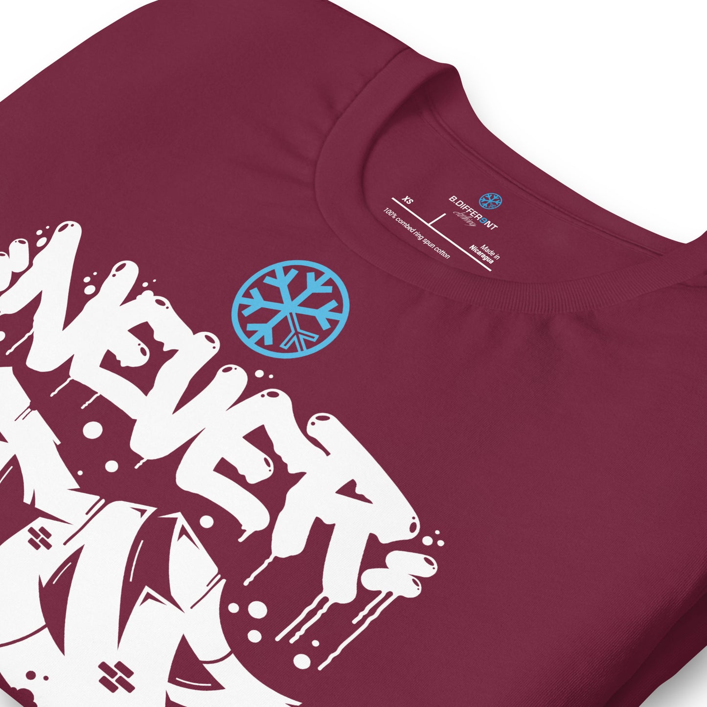 Maroon-Never Stop Graffiti Piece Tee from B.Different Clothing, detail, graffiti-inspired streetwear t-shirt