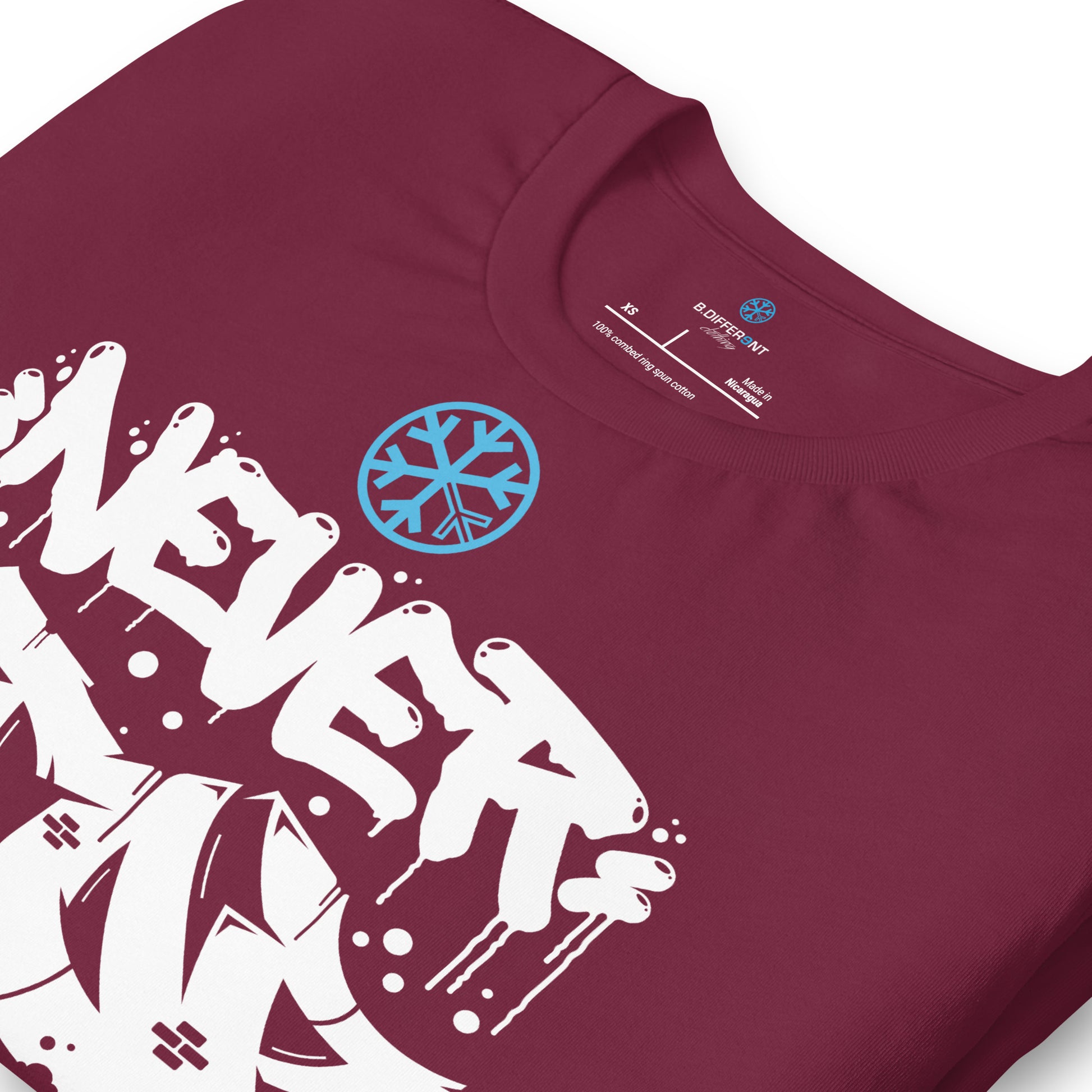Maroon-Never Stop Graffiti Piece Tee from B.Different Clothing, detail, graffiti-inspired streetwear t-shirt