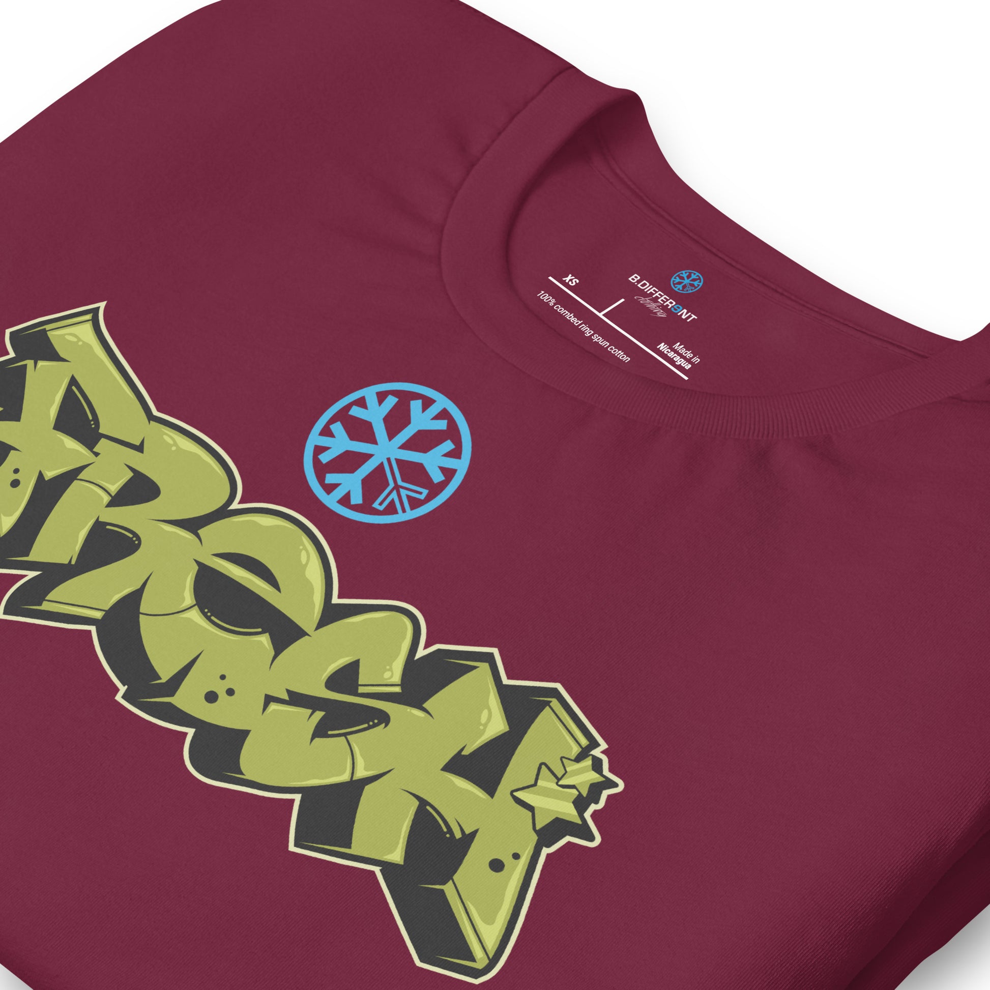 Maroon-Fresh Graffiti Piece Tee from B.Different Clothing, detail, graffiti-inspired streetwear t-shirt