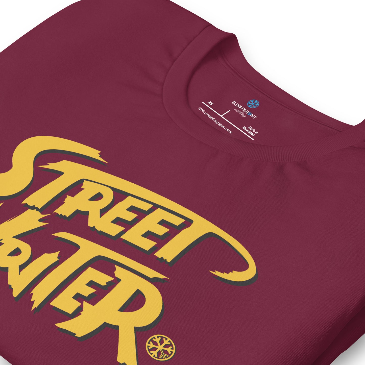 Maroon-Street Writer Graffiti Tee from B.Different Clothing, detail, graffiti-inspired streetwear t-shirt