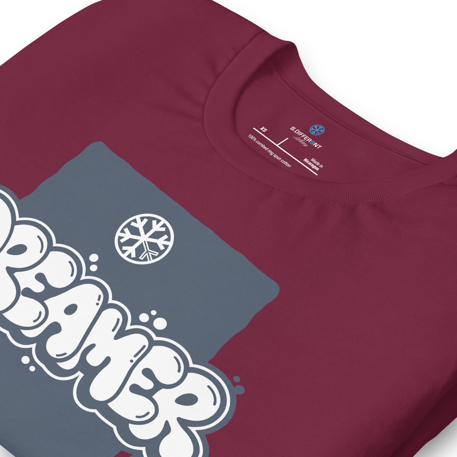 Maroon-Dreamer Graffiti Throw-up Tee from B.Different Clothing, detail, graffiti-inspired streetwear t-shirt