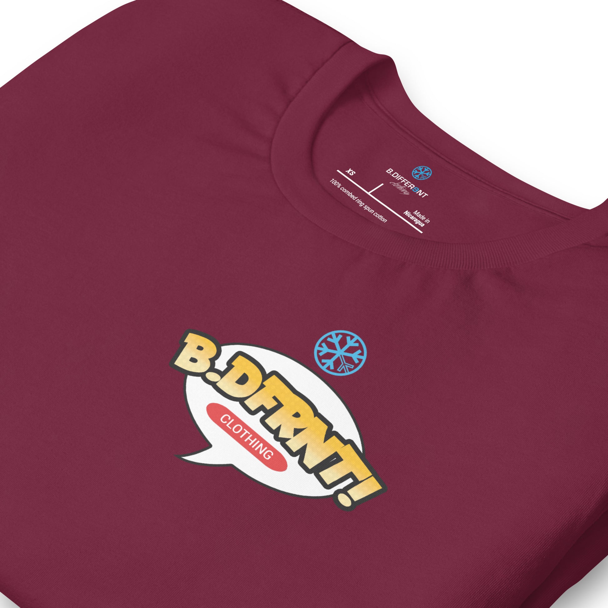 Maroon-Graffiti Artist Vinyl Figure Tee from B.Different Clothing, detail, graffiti-inspired streetwear t-shirt