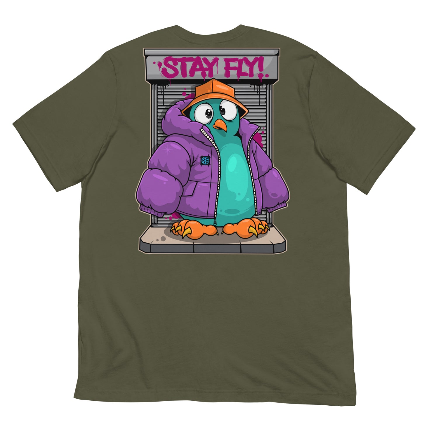 Green-Stay Fly Graffiti Character Tee from B.Different Clothing, back view, graffiti-inspired streetwear t-shirt