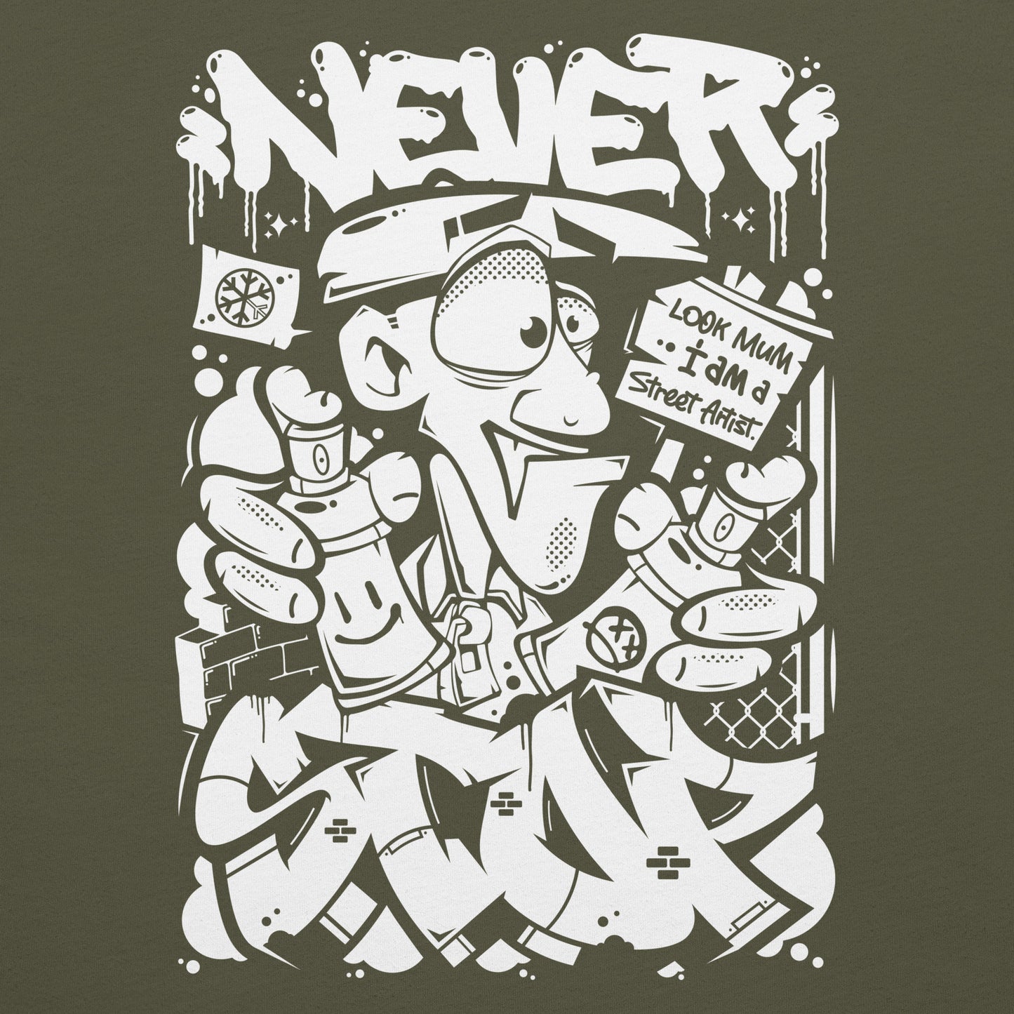 Green-Never Stop Graffiti Character Tee from B.Different Clothing, graphic, graffiti-inspired streetwear t-shirt