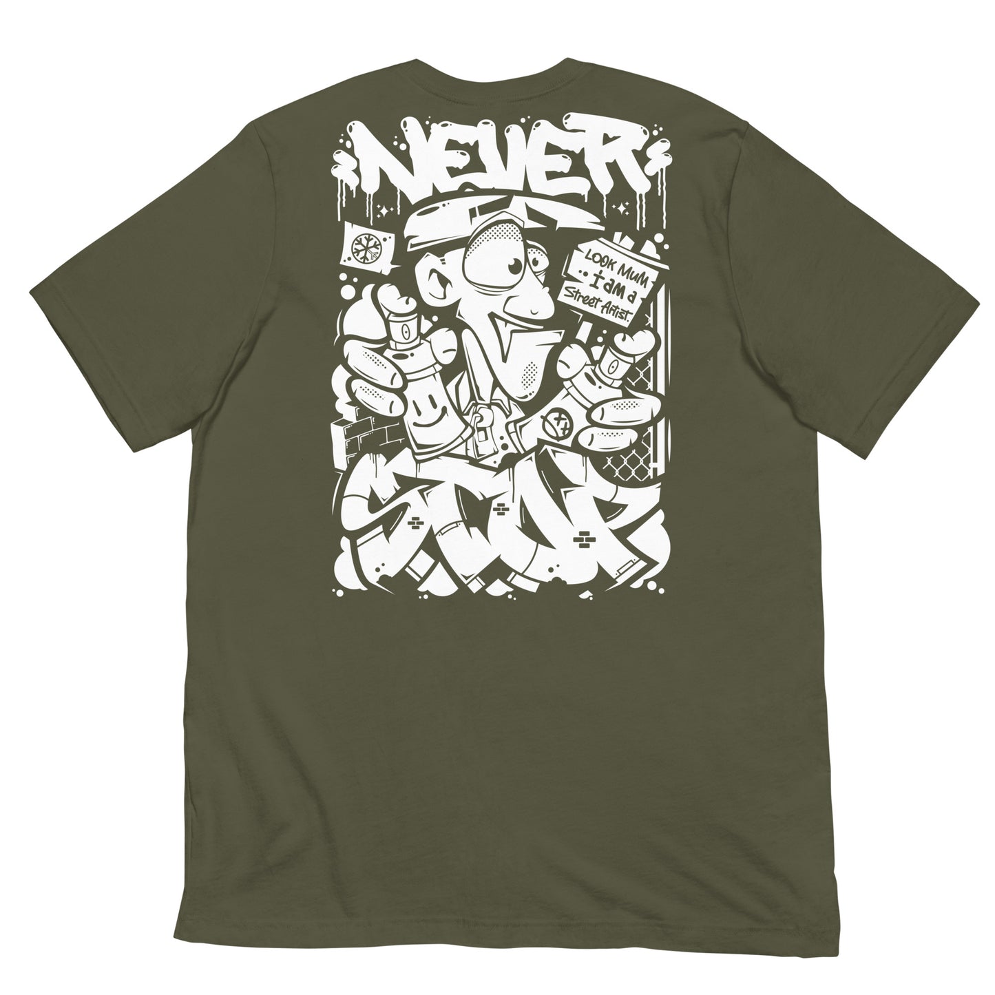 Green-Never Stop Graffiti Character Tee from B.Different Clothing, back view, graffiti-inspired streetwear t-shirt