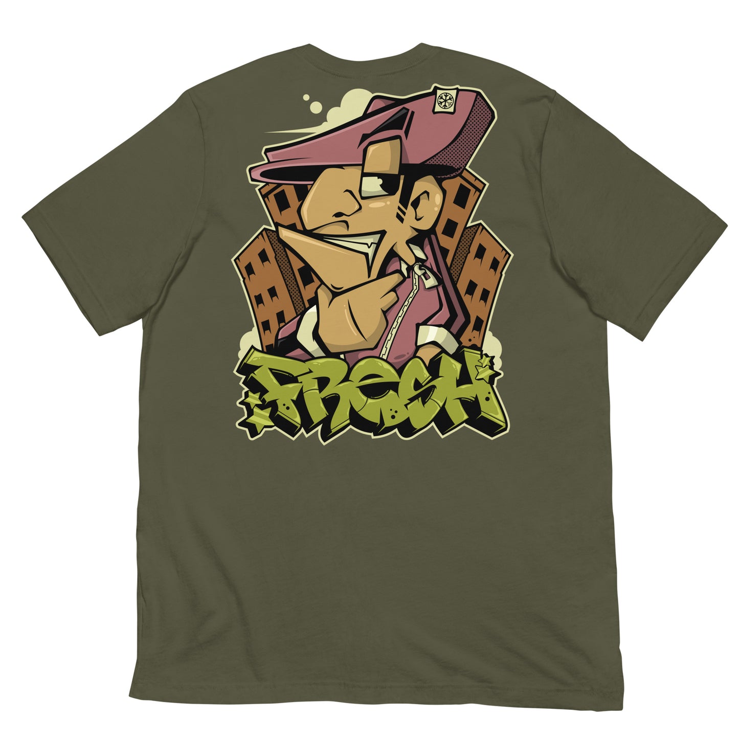 Green-Fresh Graffiti Character Tee from B.Different Clothing, back view, graffiti-inspired streetwear t-shirt