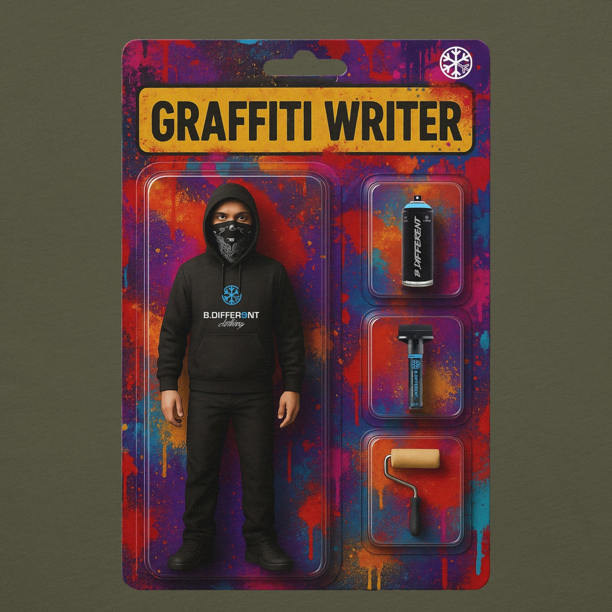 Green-Graffiti Artist Action Figure Tee from B.Different Clothing, graphic, graffiti-inspired streetwear t-shirt