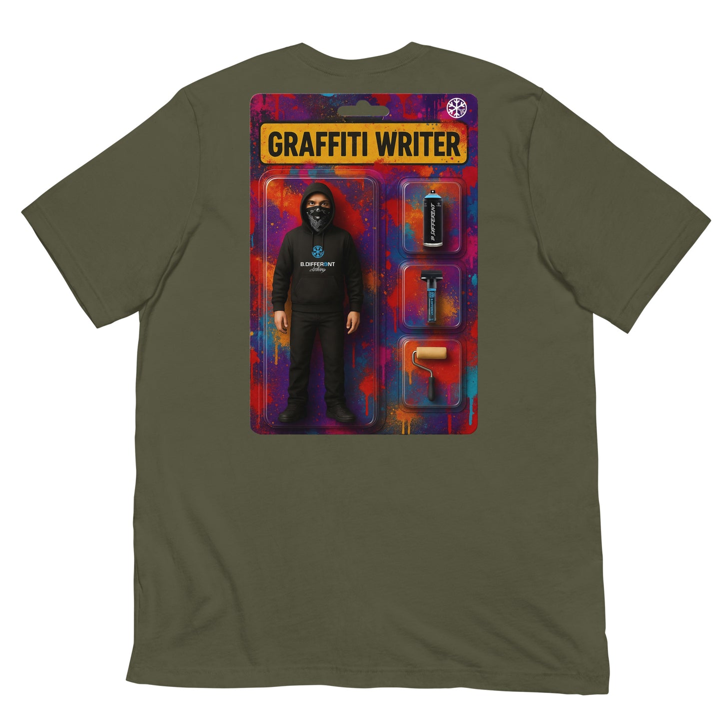 Green-Graffiti Artist Action Figure Tee from B.Different Clothing, back view, graffiti-inspired streetwear t-shirt