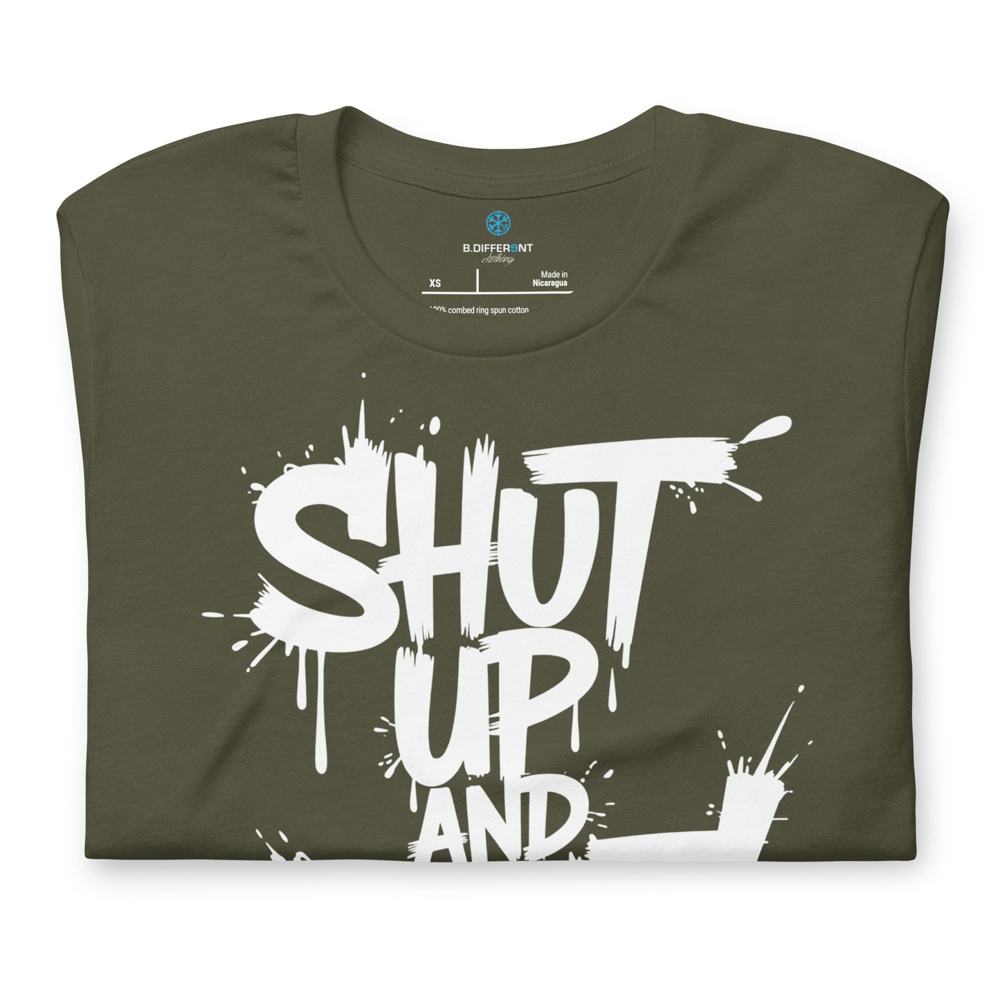 Green-Shut Up and Paint Graffiti Tee from B.Different Clothing, folded, graffiti-inspired streetwear t-shirt
