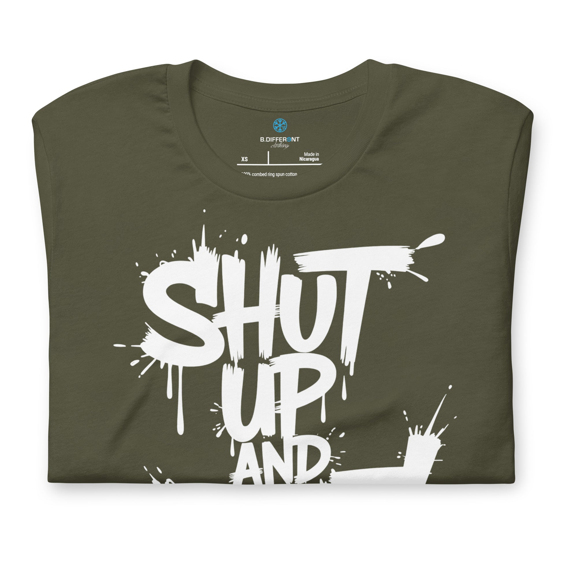 Green-Shut Up and Paint Graffiti Tee from B.Different Clothing, folded, graffiti-inspired streetwear t-shirt