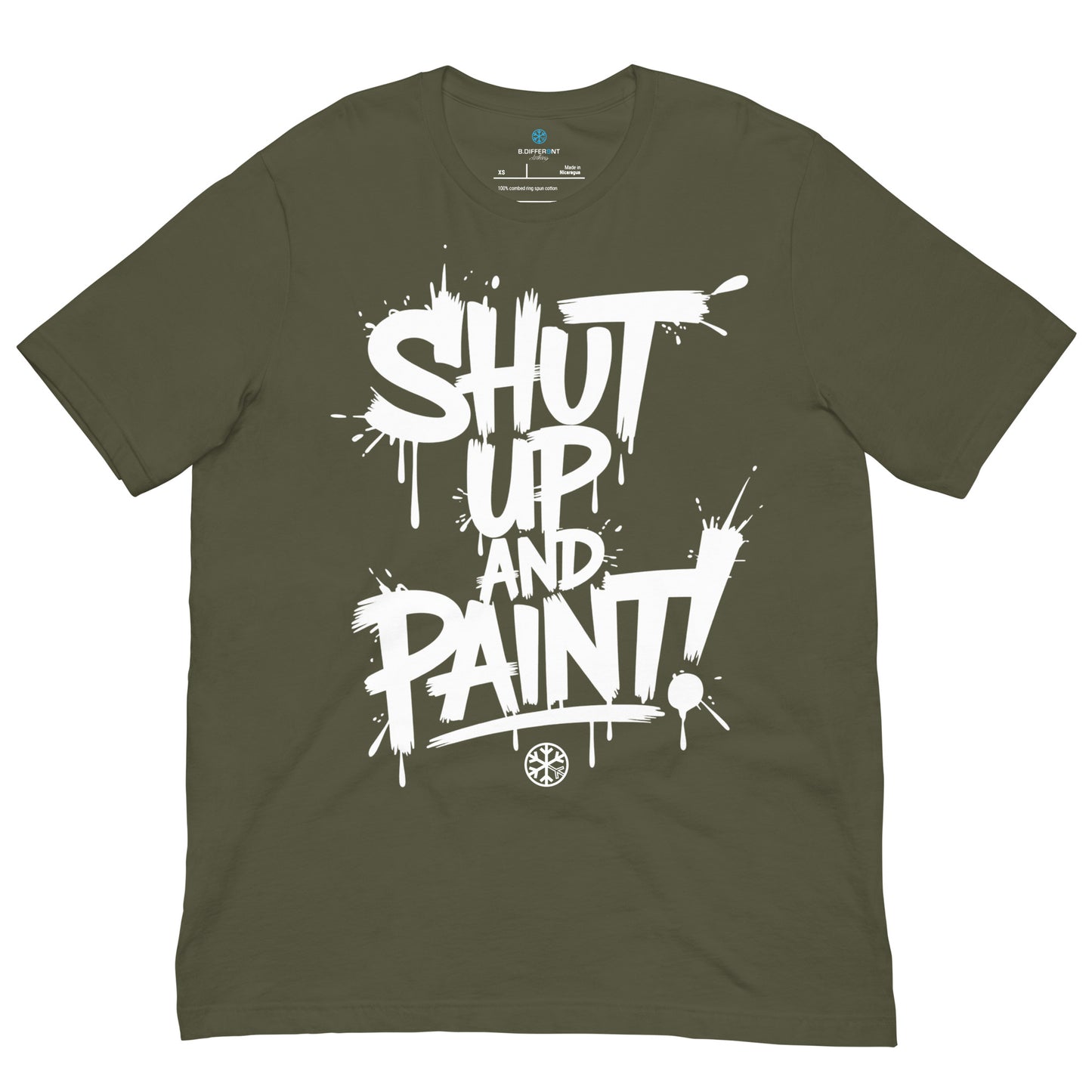 Green-Shut Up and Paint Graffiti Tee from B.Different Clothing, front view, graffiti-inspired streetwear t-shirt