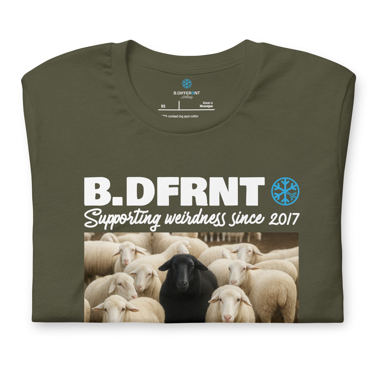 Green-Black Sheep Tee from B.Different Clothing, folded, graffiti-inspired streetwear t-shirt
