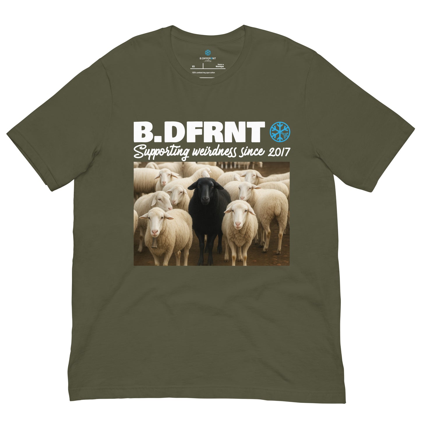 Green-Black Sheep Tee from B.Different Clothing, front view, graffiti-inspired streetwear t-shirt