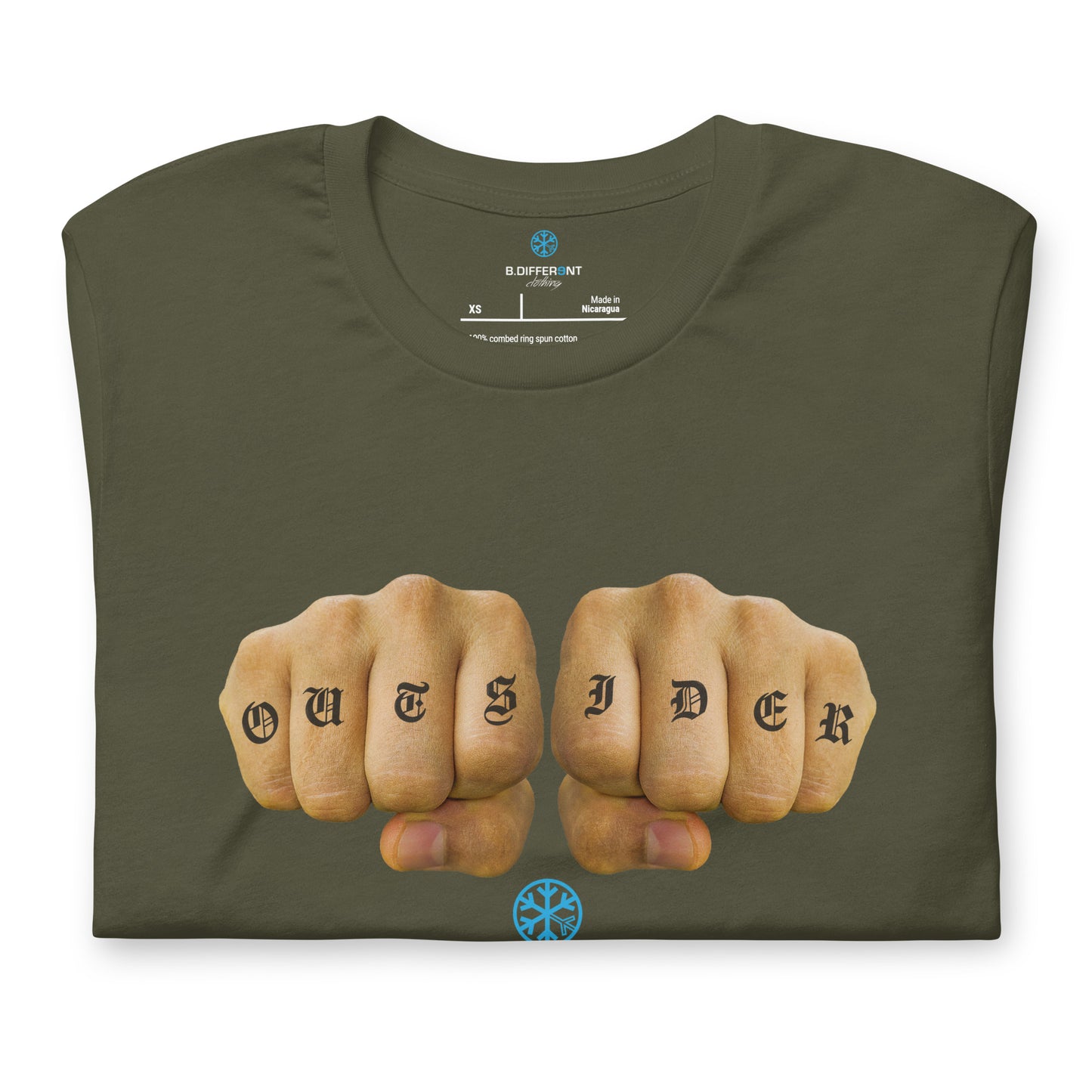 Green-Outsider Tattoo Tee from B.Different Clothing, folded, graffiti-inspired streetwear t-shirt