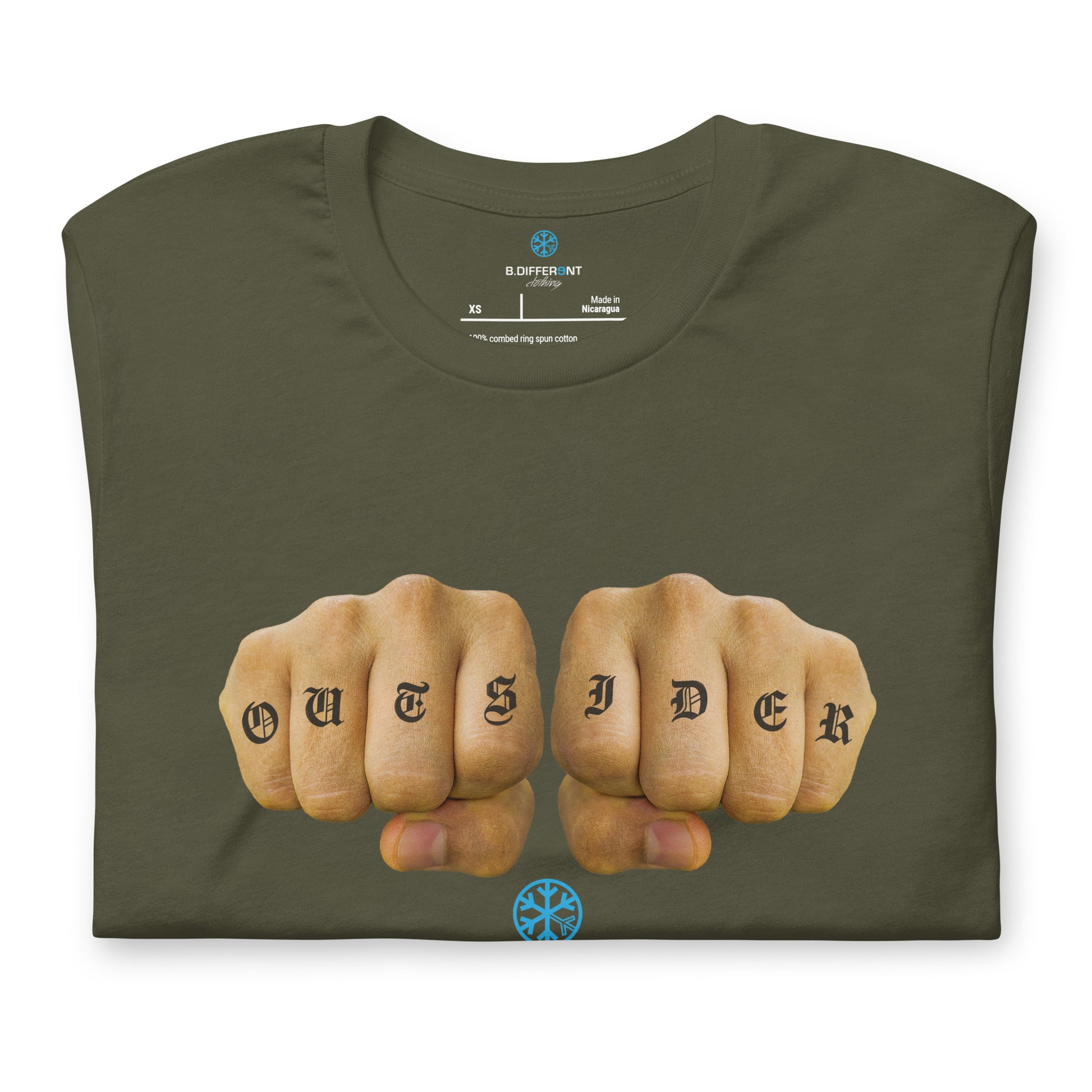 Green-Outsider Tattoo Tee from B.Different Clothing, folded, graffiti-inspired streetwear t-shirt