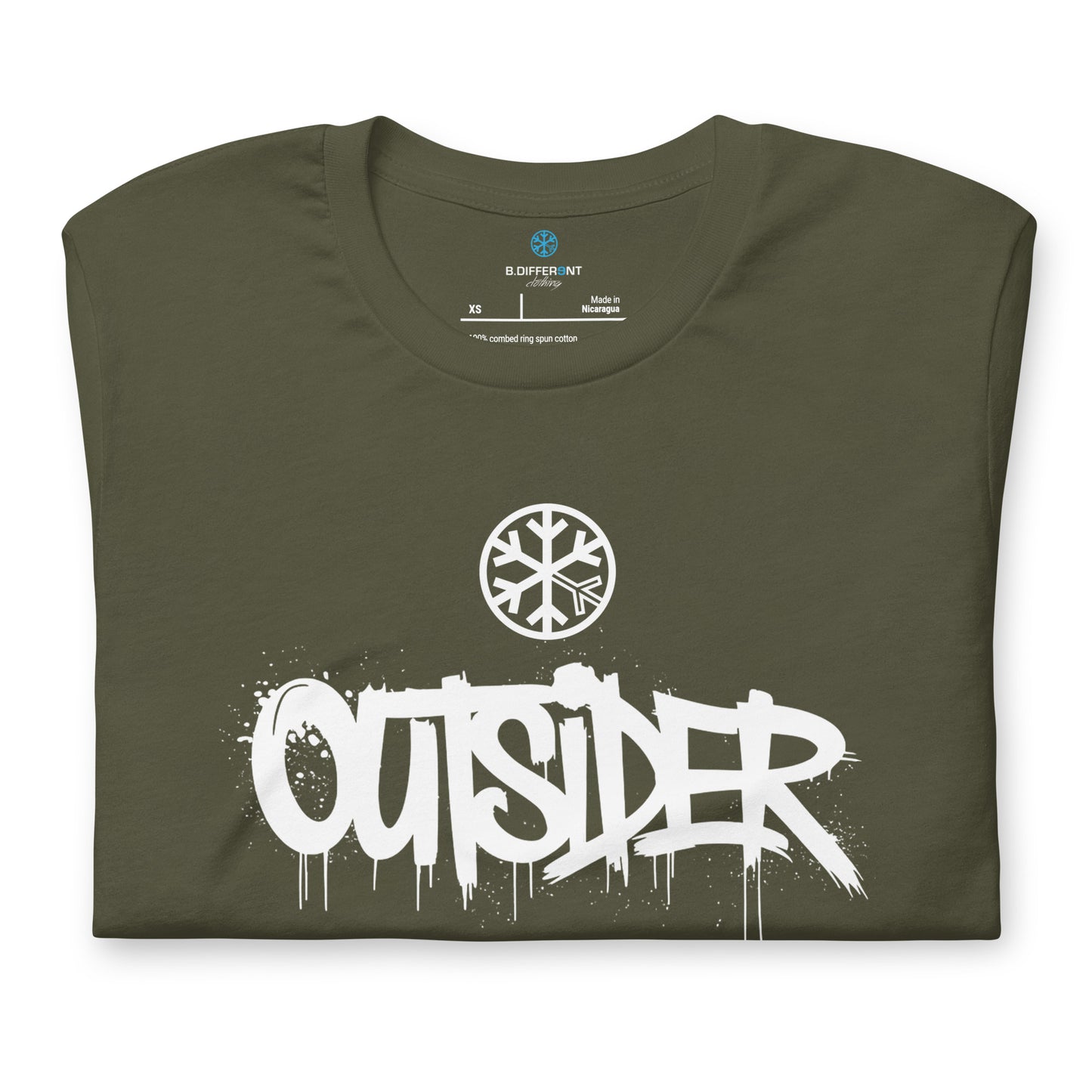 Green-Outsider Graffiti Tag Tee from B.Different Clothing, folded, graffiti-inspired streetwear t-shirt
