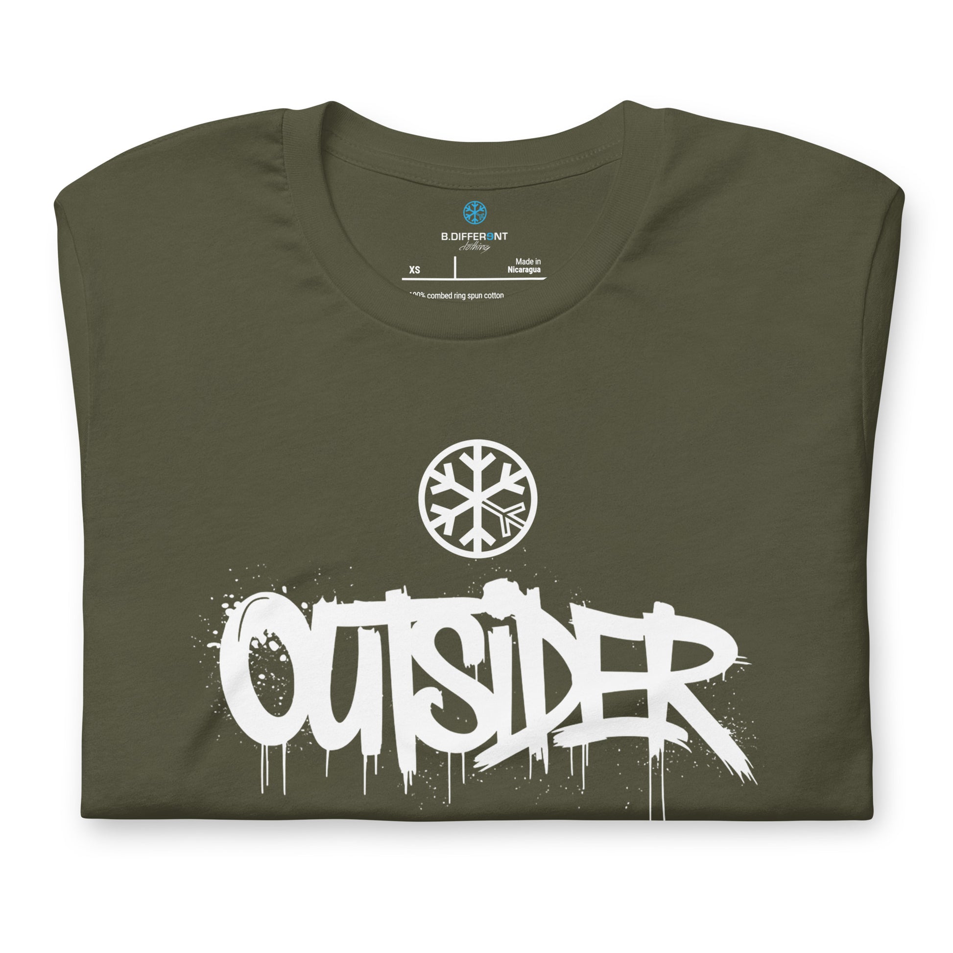 Green-Outsider Graffiti Tag Tee from B.Different Clothing, folded, graffiti-inspired streetwear t-shirt