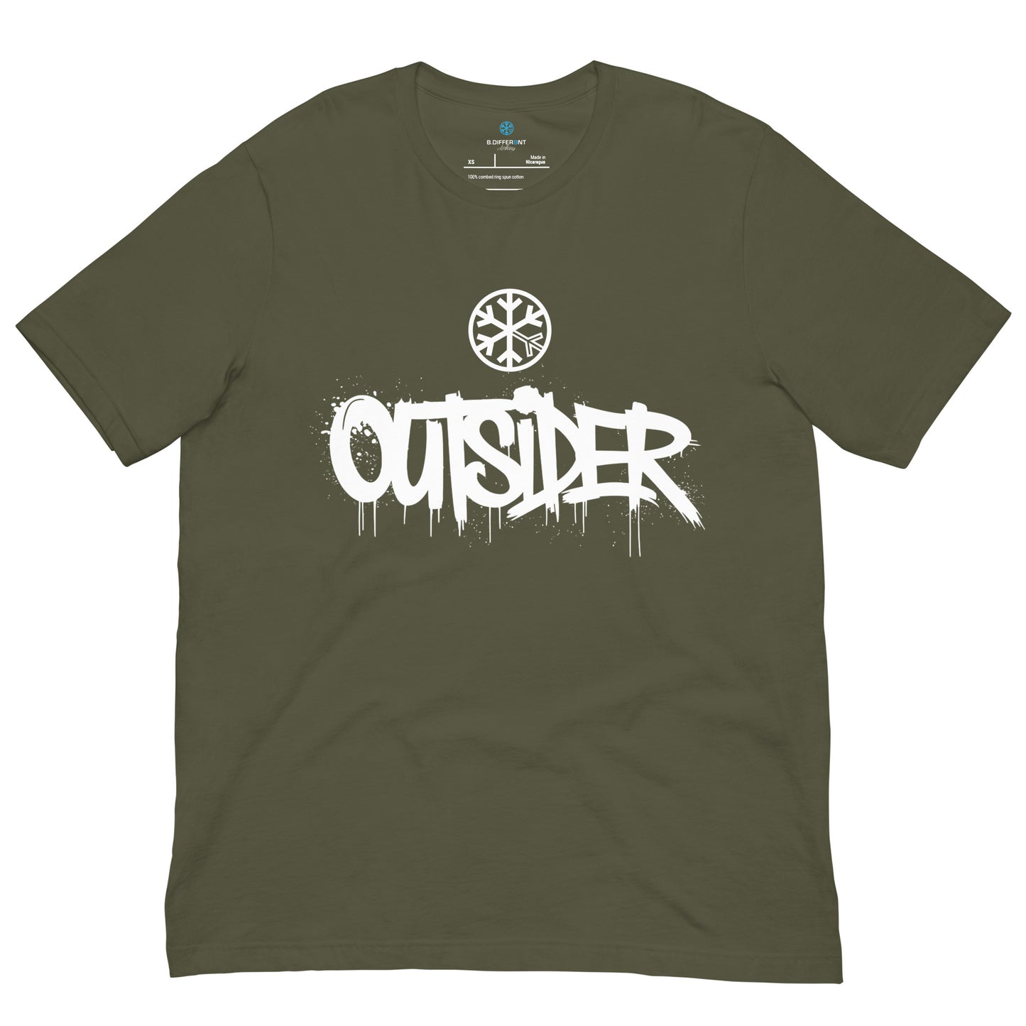 Green-Outsider Graffiti Tag Tee from B.Different Clothing, front view, graffiti-inspired streetwear t-shirt