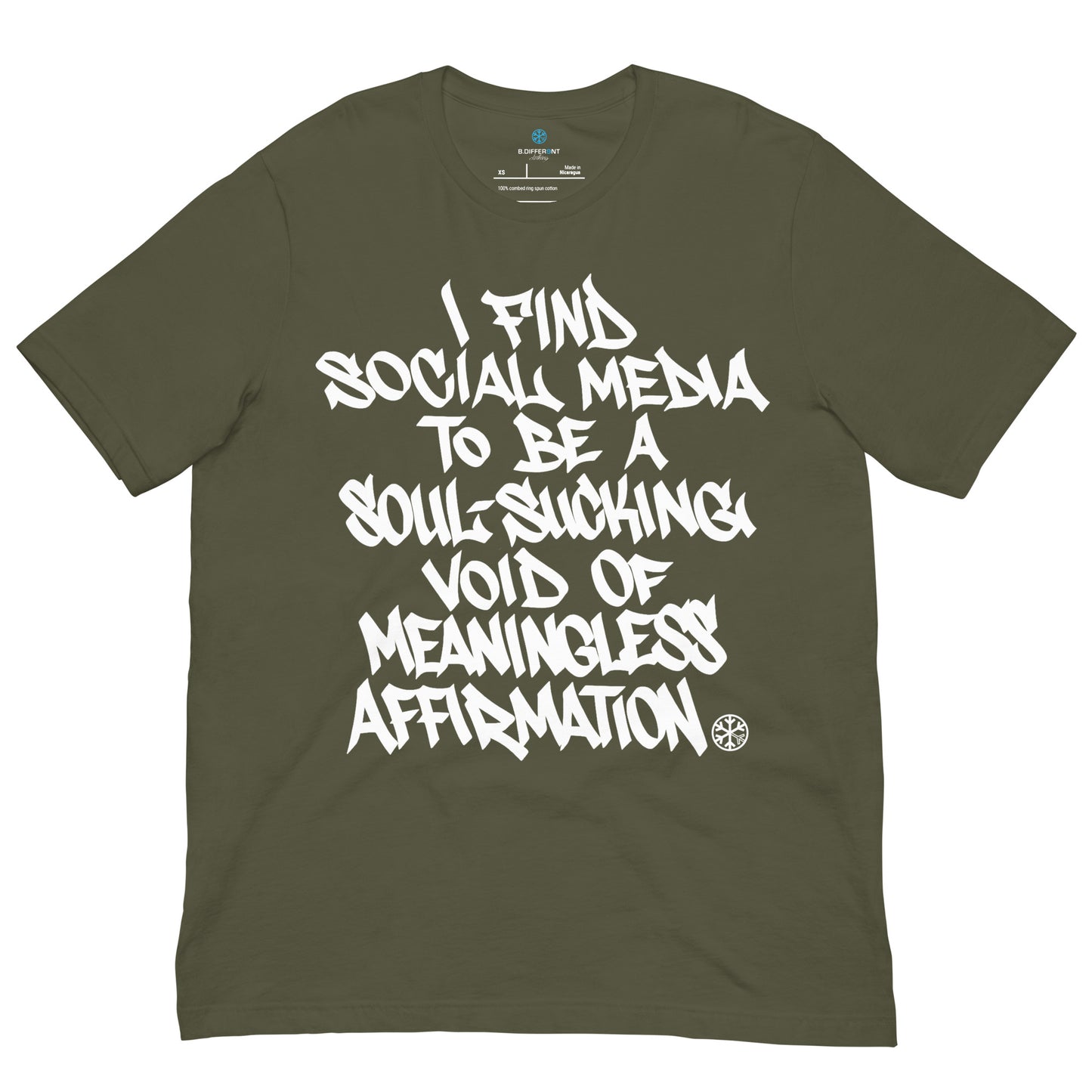 Green-Social Media Graffiti Tag Tee from B.Different Clothing, front view, graffiti-inspired streetwear t-shirt