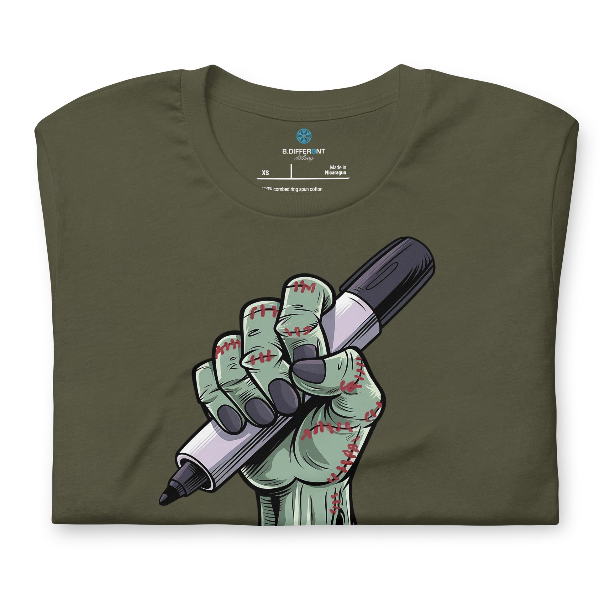 Green-Thing Graffiti Tee from B.Different Clothing, folded, graffiti-inspired streetwear t-shirt
