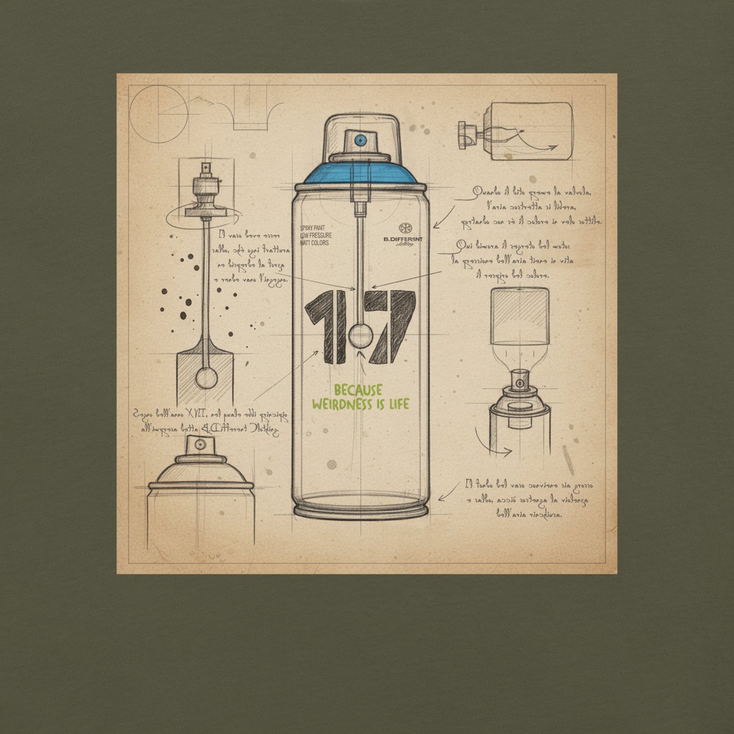 Green-Spray Can Sketch Graffiti Tee from B.Different Clothing, graphic, graffiti-inspired streetwear t-shirt