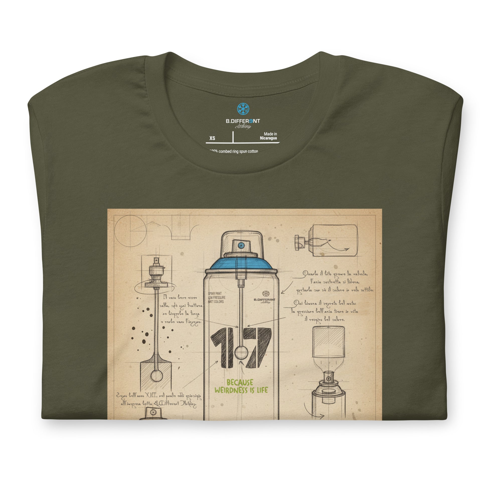 Green-Spray Can Sketch Graffiti Tee from B.Different Clothing, folded, graffiti-inspired streetwear t-shirt