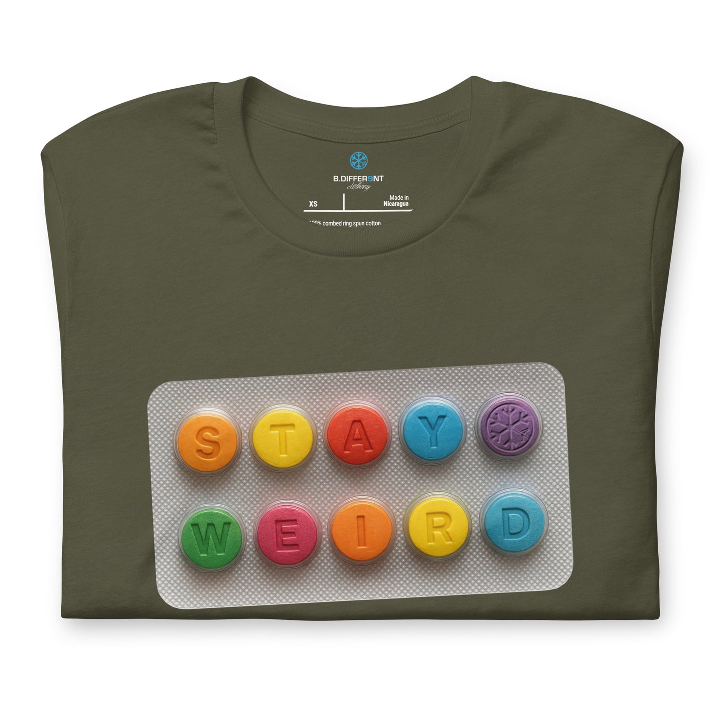Green-Stay Weird Pills Tee from B.Different Clothing, folded, graffiti-inspired streetwear t-shirt