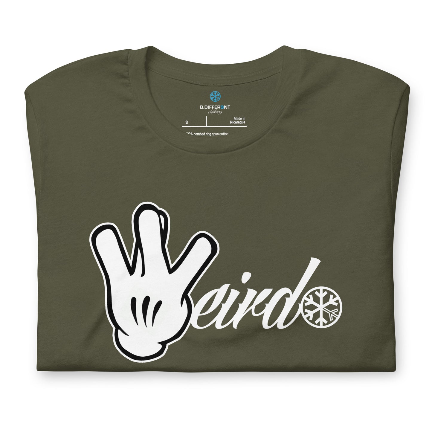 Green-Weirdo Hand Sign Tee from B.Different Clothing, folded, graffiti-inspired streetwear t-shirt