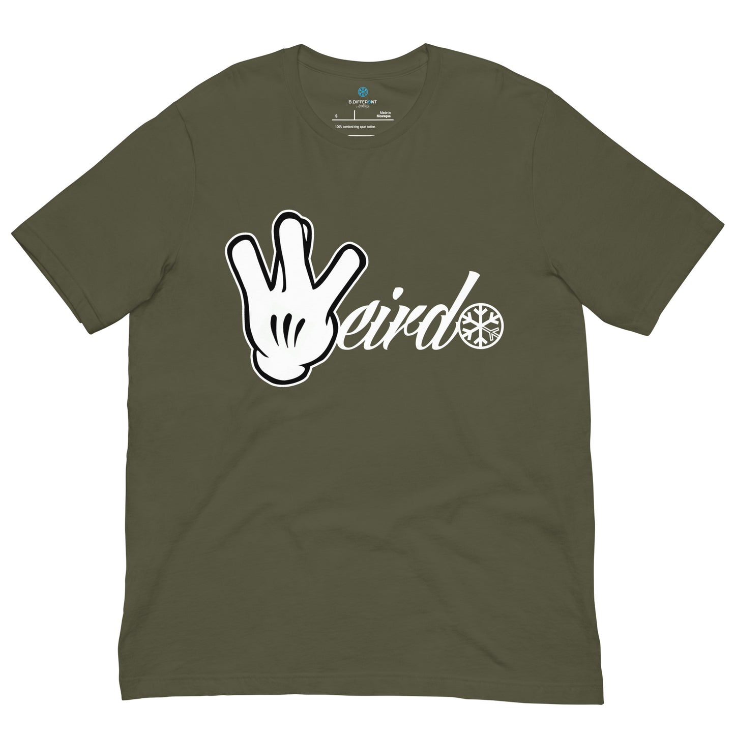 Green-Weirdo Hand Sign Tee from B.Different Clothing, front view, graffiti-inspired streetwear t-shirt