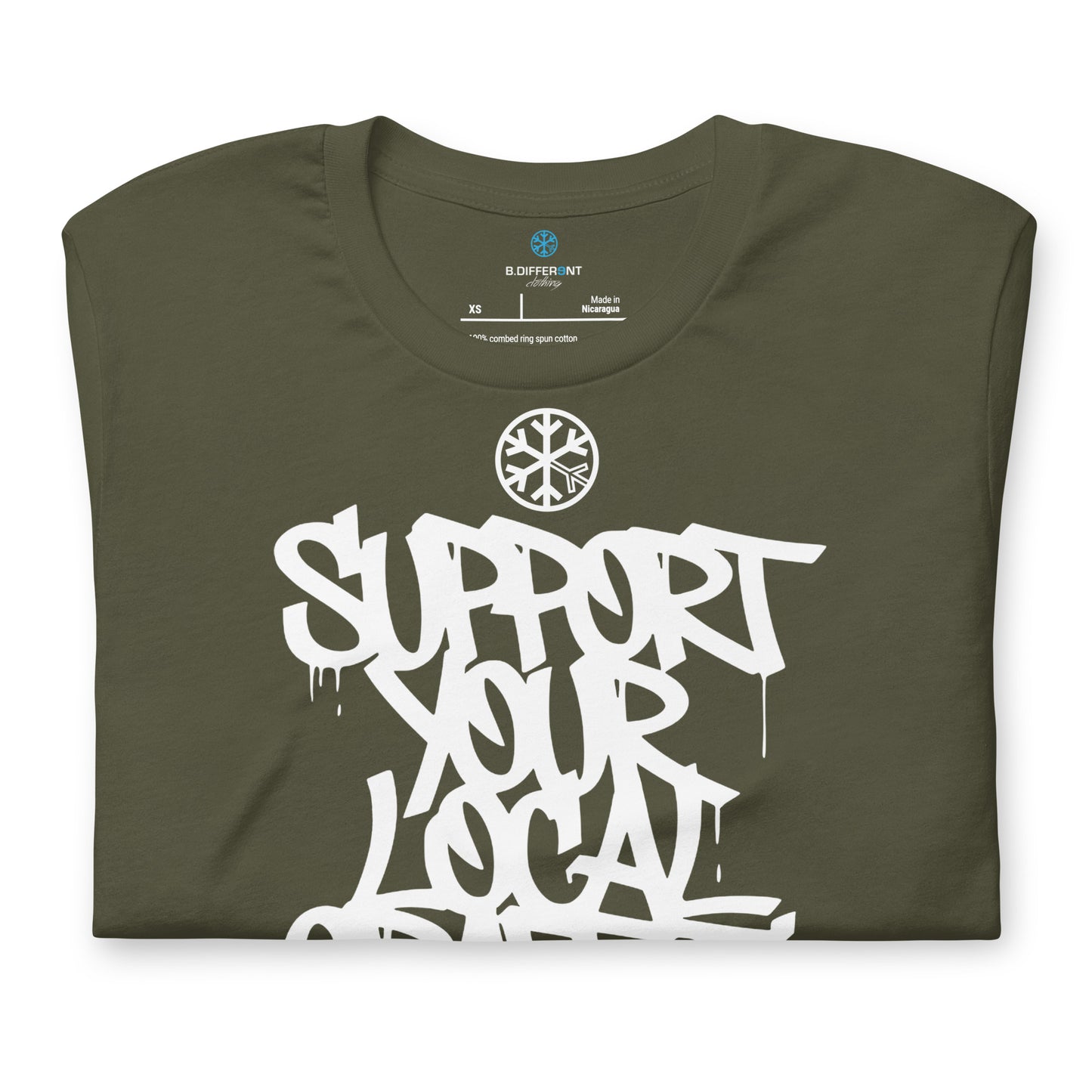 Green-Support Your Local Graffiti Artists Tee from B.Different Clothing, folded, graffiti-inspired streetwear t-shirt
