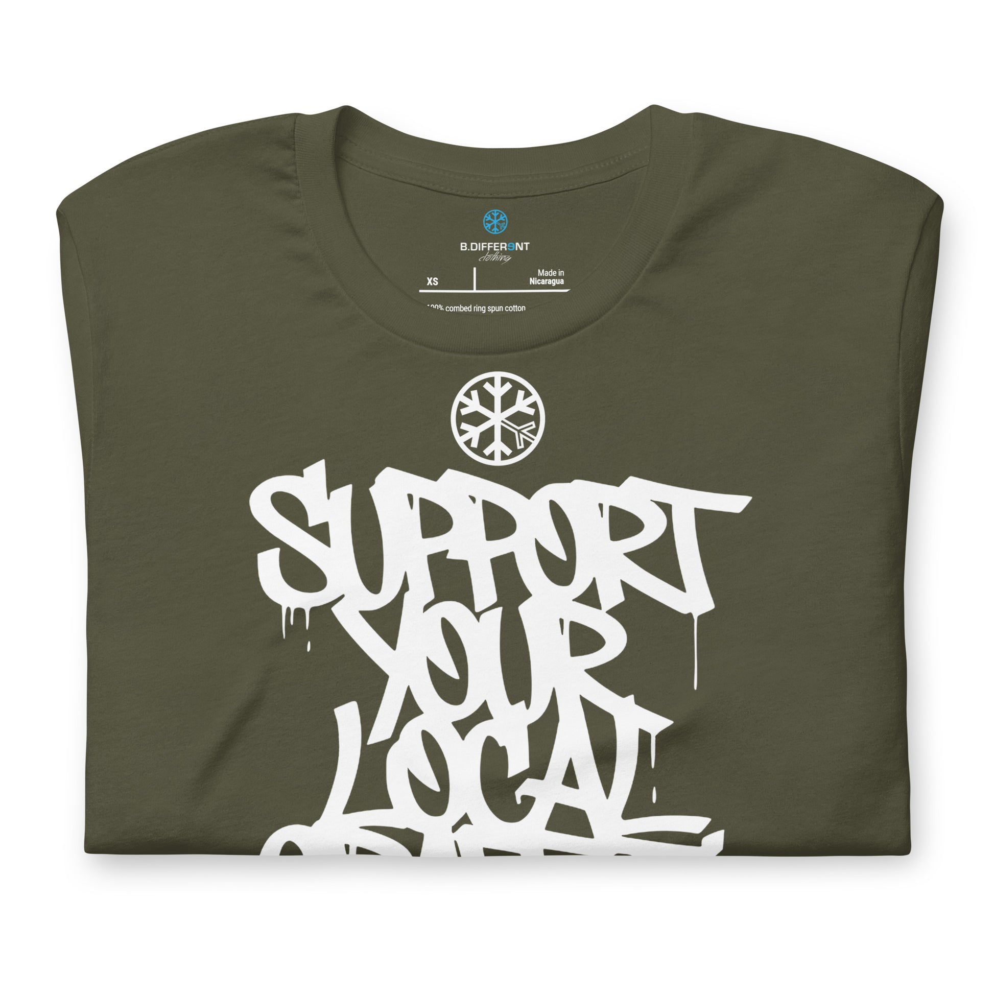 Green-Support Your Local Graffiti Artists Tee from B.Different Clothing, folded, graffiti-inspired streetwear t-shirt