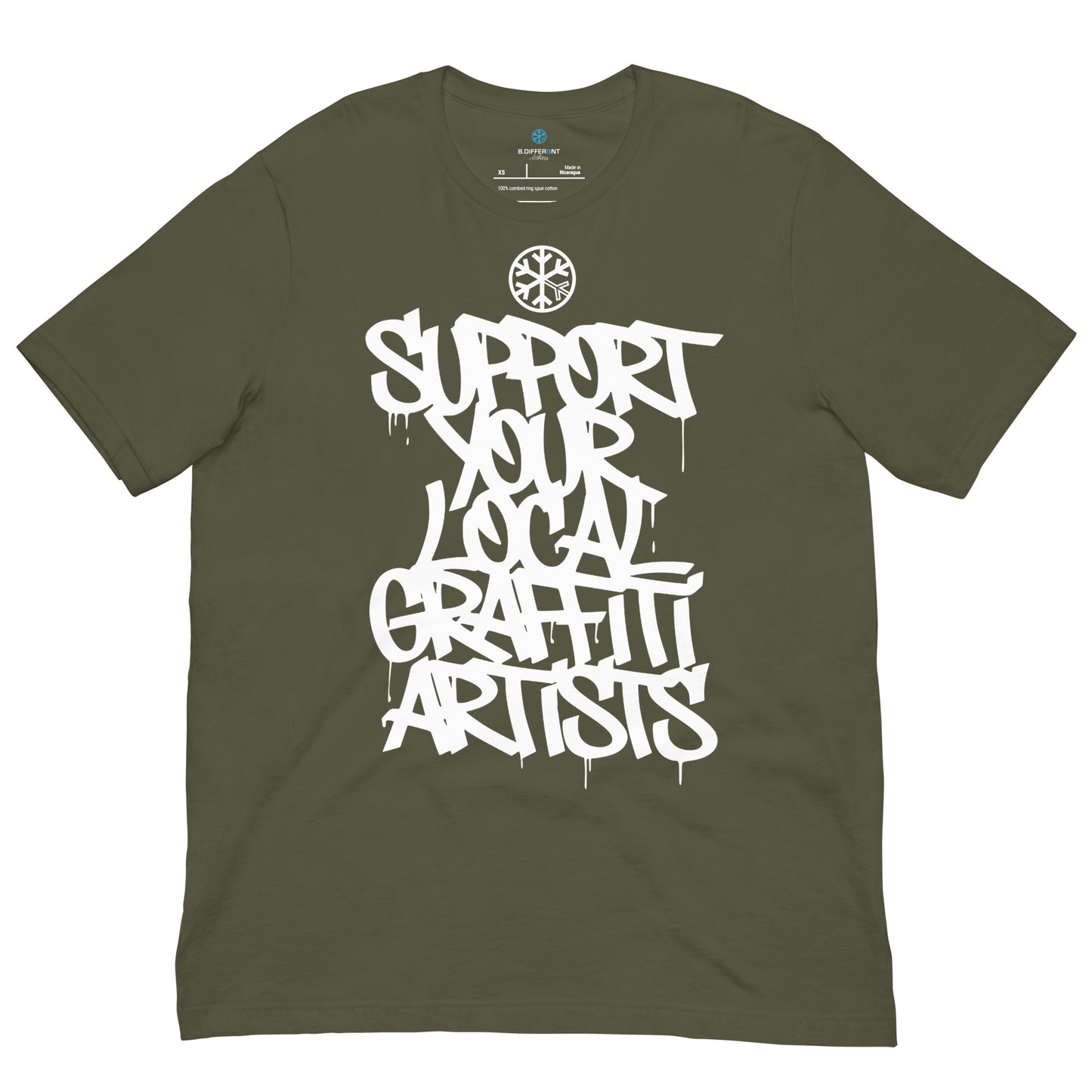 Green-Support Your Local Graffiti Artists Tee from B.Different Clothing, front view, graffiti-inspired streetwear t-shirt